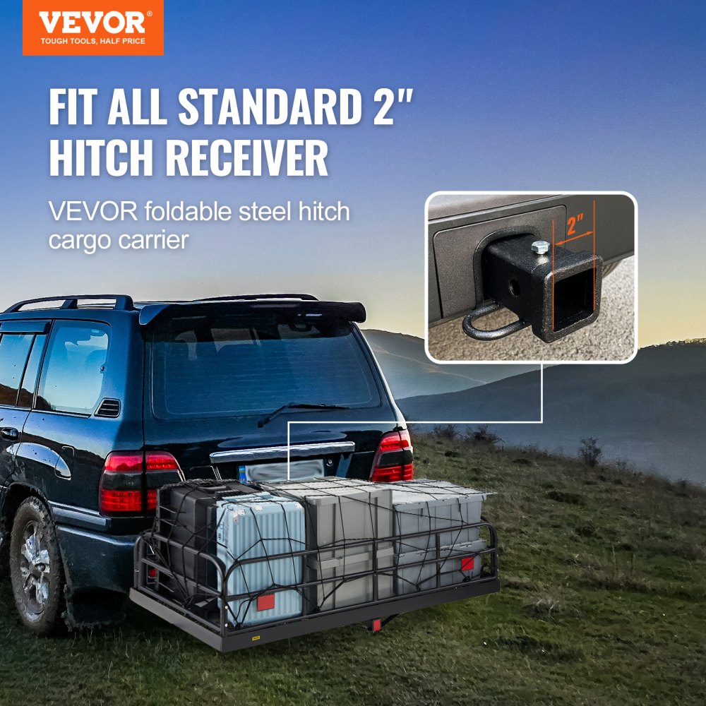 VEVOR Hitch Cargo Carrier, 60 x 24 x 14 in Folding Trailer Hitch Mounted Steel Cargo Basket, 400lbs Loading Capacity Luggage Carrier Rack with Stabilizer, Fits 2" Hitch Receiver for SUV Truck Pickup 