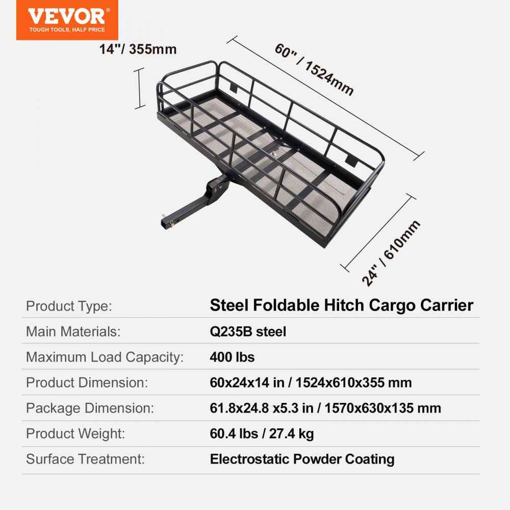 VEVOR Hitch Cargo Carrier, 60 x 24 x 14 in Folding Trailer Hitch Mounted Steel Cargo Basket, 400lbs Loading Capacity Luggage Carrier Rack with Stabilizer, Fits 2" Hitch Receiver for SUV Truck Pickup 