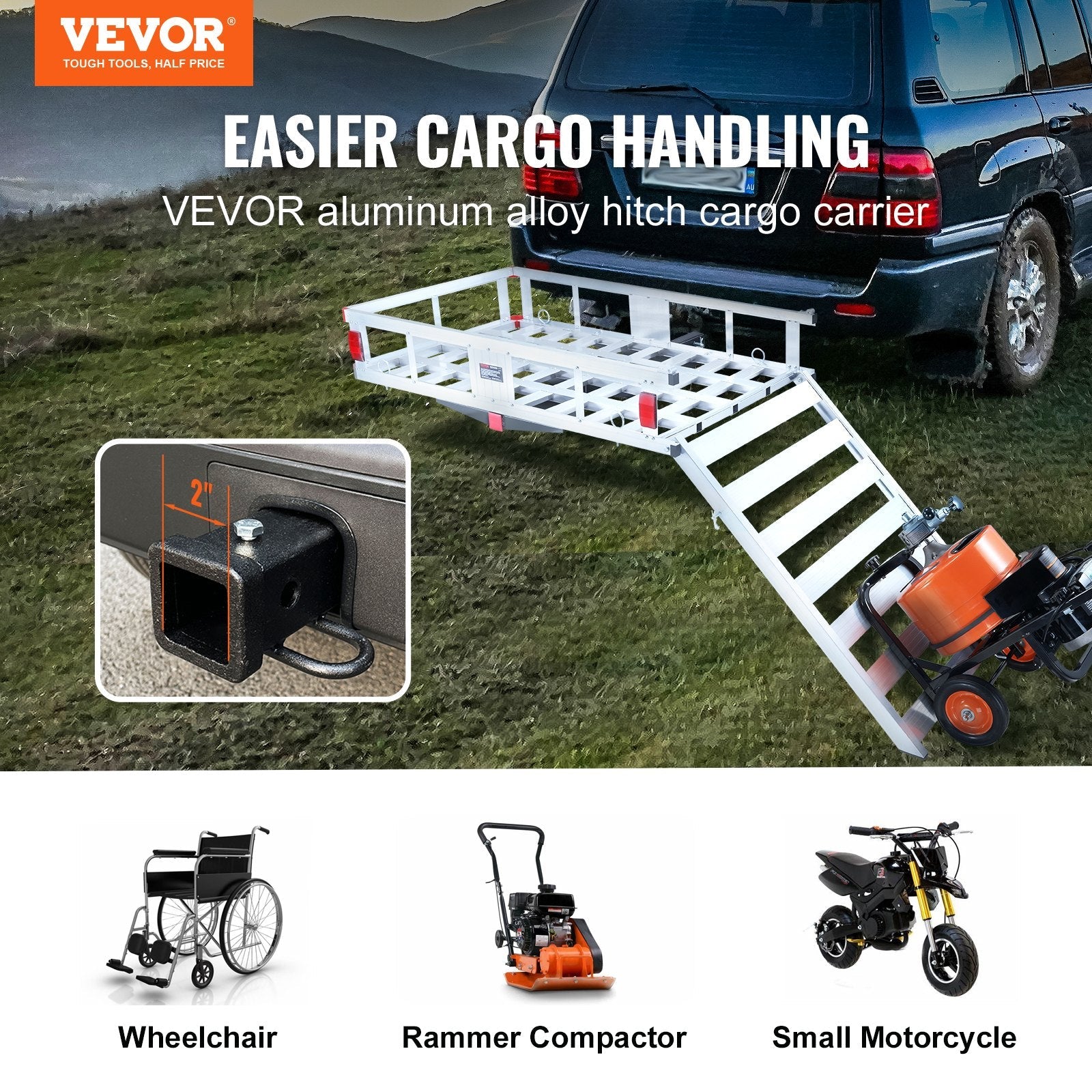 VEVOR 50 x 29.5 x 8.7 in Hitch Cargo Carrier, 500lb Capacity Trailer Hitch Mount Aluminum Cargo Basket with Folding Ramp, Luggage Carrier Rack Fits 2" Hitch Receiver for SUV Truck Pickup Camping 