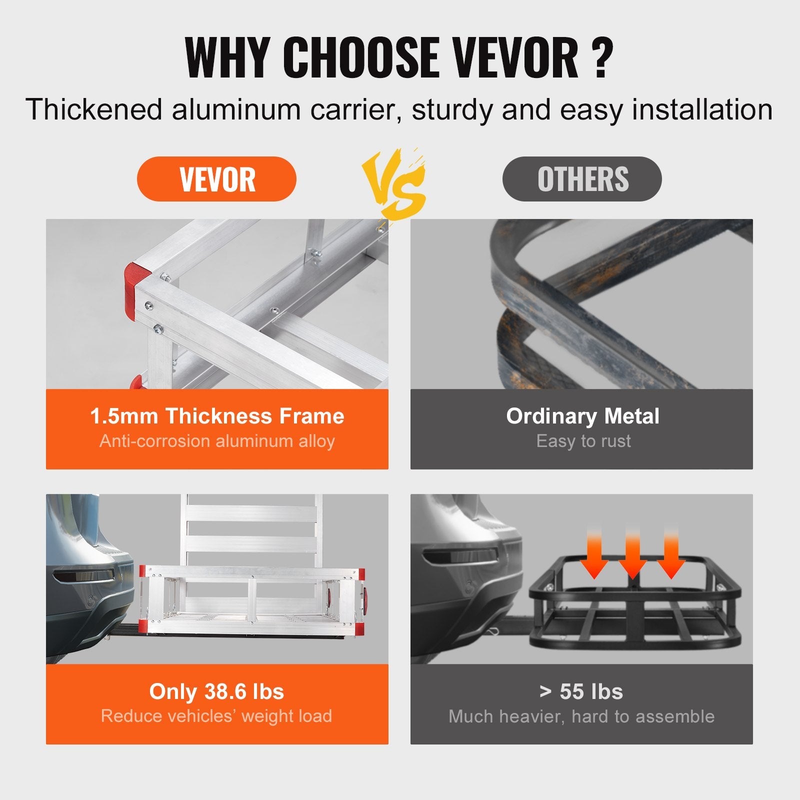 VEVOR 50 x 29.5 x 8.7 in Hitch Cargo Carrier, 500lb Capacity Trailer Hitch Mount Aluminum Cargo Basket with Folding Ramp, Luggage Carrier Rack Fits 2" Hitch Receiver for SUV Truck Pickup Camping 