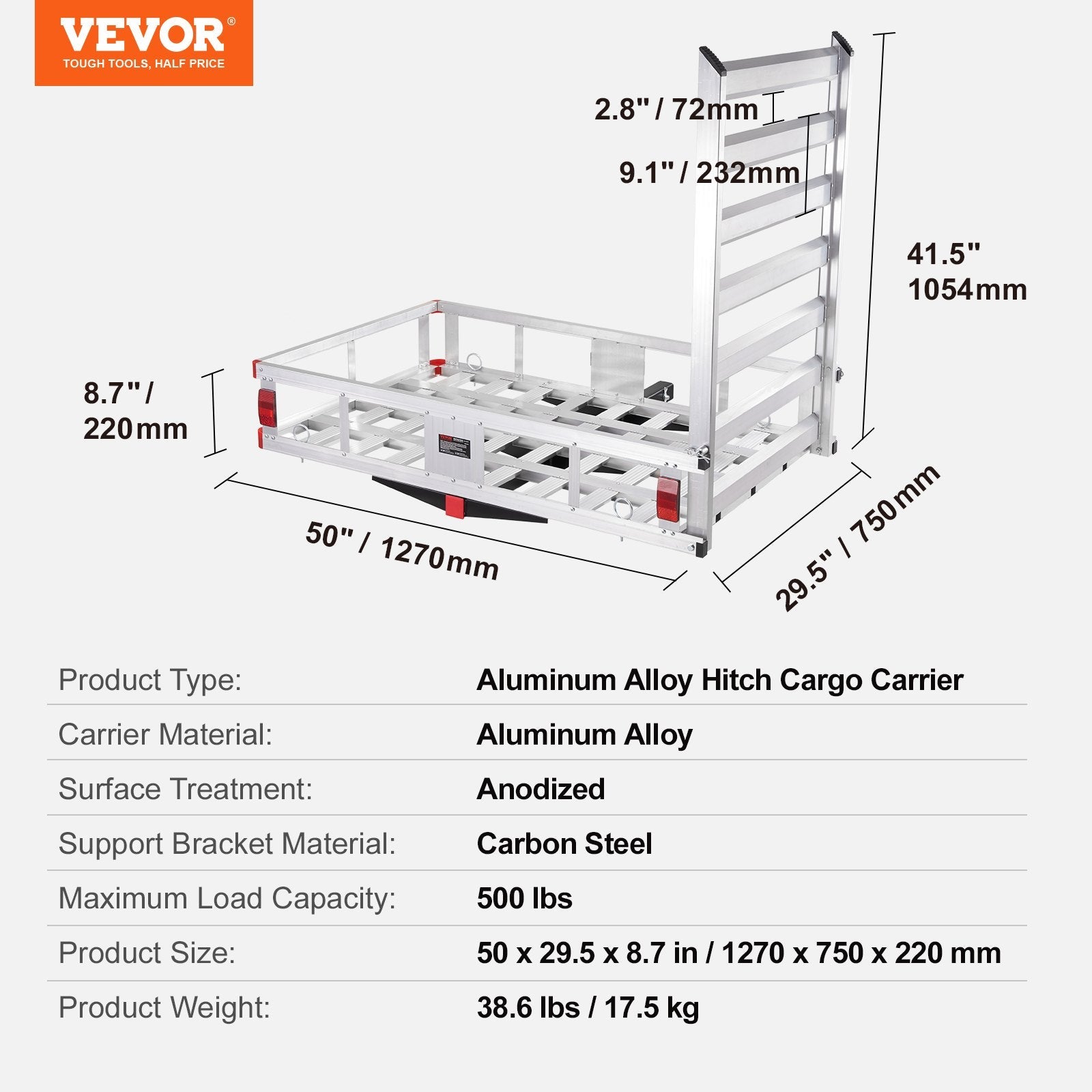 VEVOR 50 x 29.5 x 8.7 in Hitch Cargo Carrier, 500lb Capacity Trailer Hitch Mount Aluminum Cargo Basket with Folding Ramp, Luggage Carrier Rack Fits 2" Hitch Receiver for SUV Truck Pickup Camping 