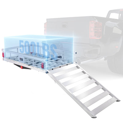 VEVOR 50 x 29.5 x 8.7 in Hitch Cargo Carrier, 500lb Capacity Trailer Hitch Mount Aluminum Cargo Basket with Folding Ramp, Luggage Carrier Rack Fits 2" Hitch Receiver for SUV Truck Pickup Camping 