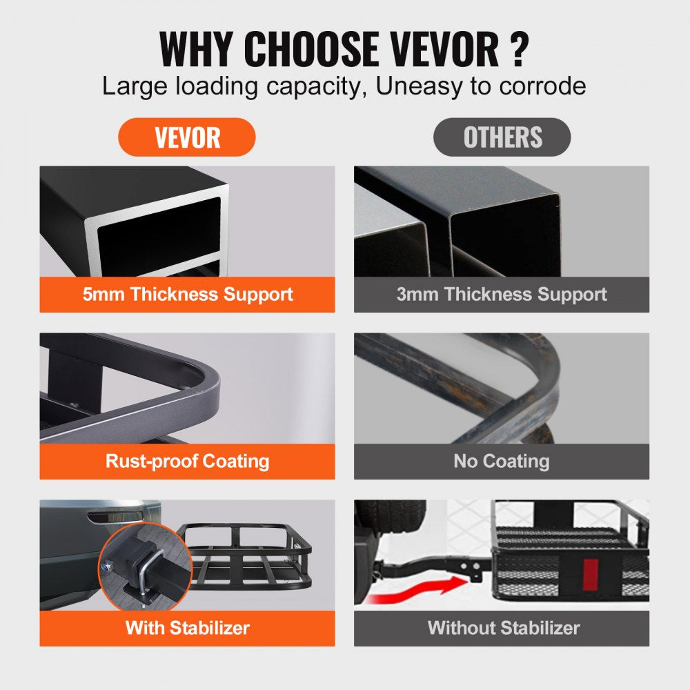 VEVOR 53 x 19 x 5 in Hitch Cargo Carrier, 500lb Capacity Trailer Hitch Mount Cargo Basket, Steel Luggage Carrier Rack Fits 2" Hitch Receiver for SUV Truck Pickup with Cargo Net, Stabilizer, Straps 