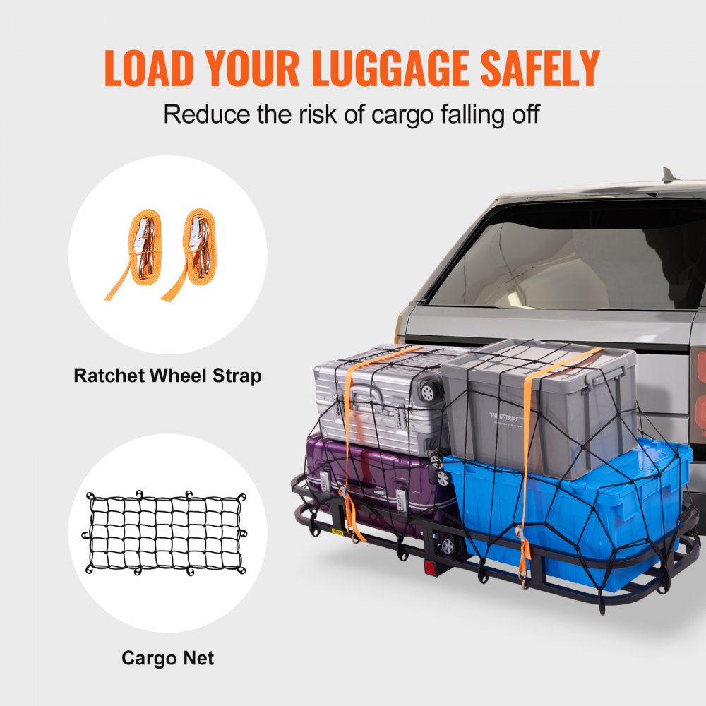 VEVOR 53 x 19 x 5 in Hitch Cargo Carrier, 500lb Capacity Trailer Hitch Mount Cargo Basket, Steel Luggage Carrier Rack Fits 2" Hitch Receiver for SUV Truck Pickup with Cargo Net, Stabilizer, Straps 