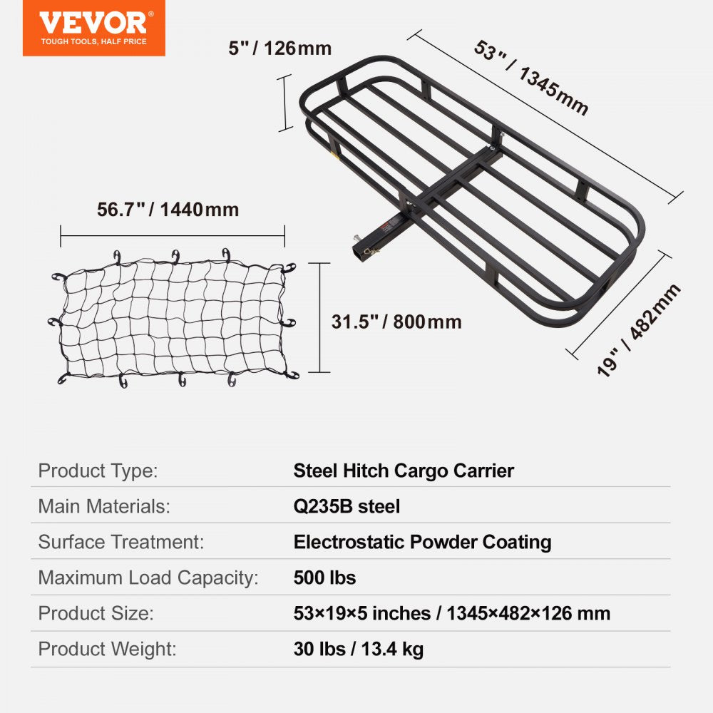 VEVOR 53 x 19 x 5 in Hitch Cargo Carrier, 500lb Capacity Trailer Hitch Mount Cargo Basket, Steel Luggage Carrier Rack Fits 2" Hitch Receiver for SUV Truck Pickup with Cargo Net, Stabilizer, Straps 