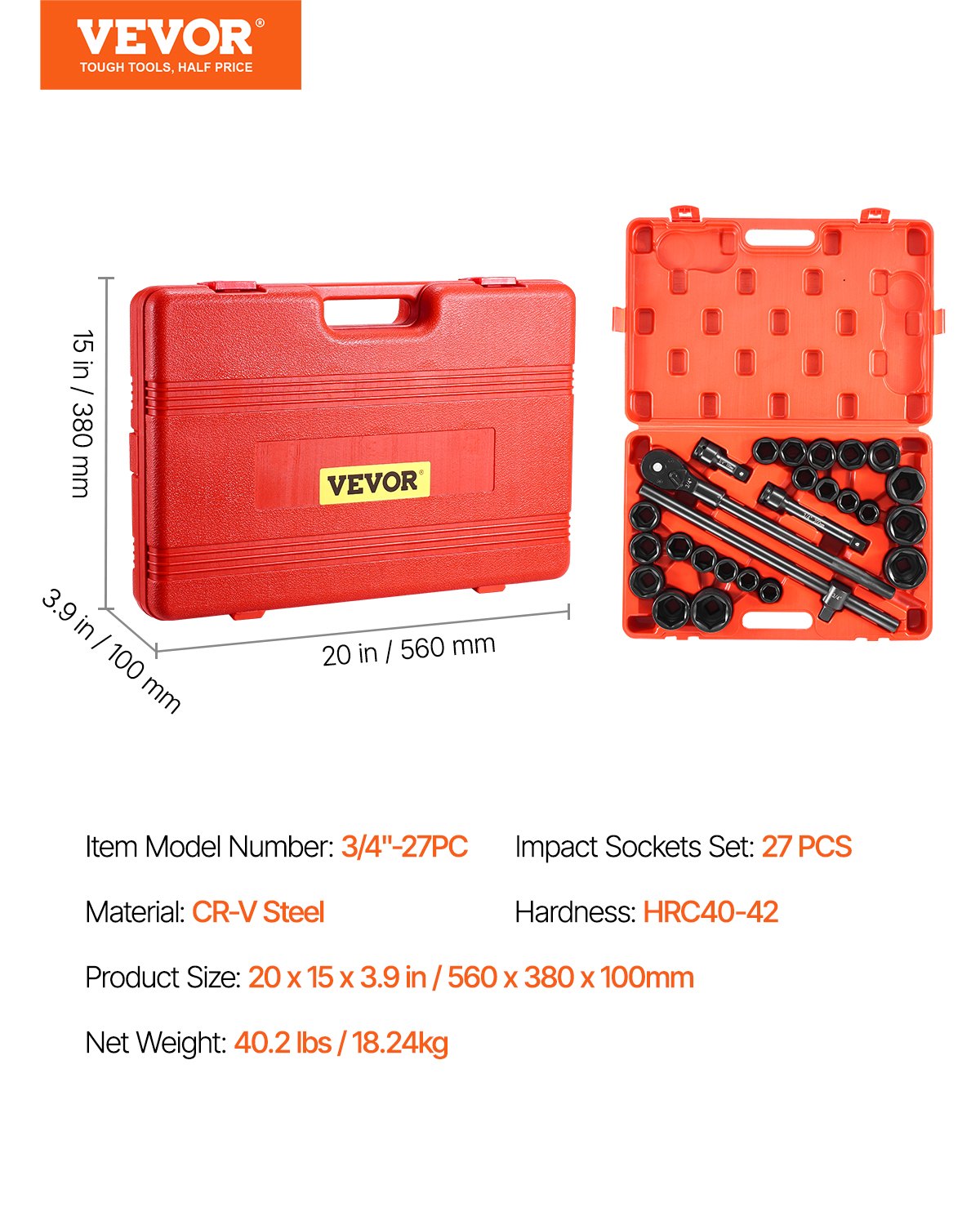 Impact Socket Set 3/4 Inches 27 Piece SAE 7/8 to 2 Inches and Metric 22 to 50 mm 