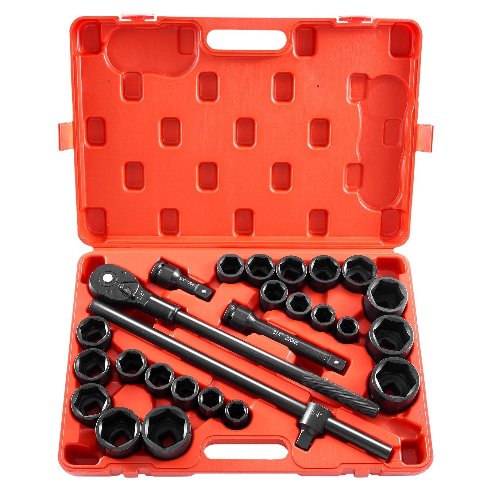 Impact Socket Set 3/4 Inches 27 Piece SAE 7/8 to 2 Inches and Metric 22 to 50 mm 