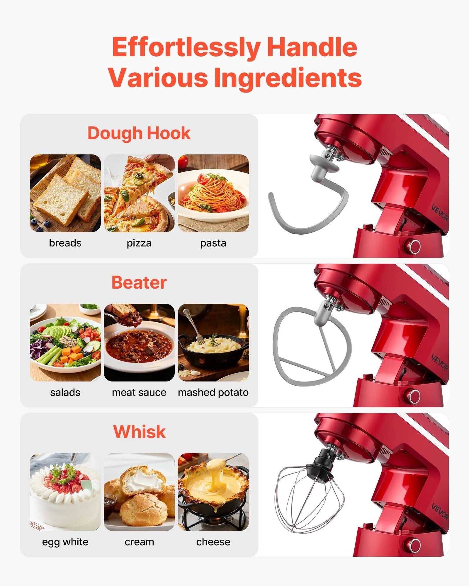 VEVOR Stand Mixer, 4.4 QT+6 QT Electric Kitchen Mixer, 300W Dough-Mixer, 10 Speeds Tilt-head Food-Mixer with Stainless Steel Bowls, Dough Hook, Whisk, Beater, for Baking, Mixing, Whipping & Kneading 