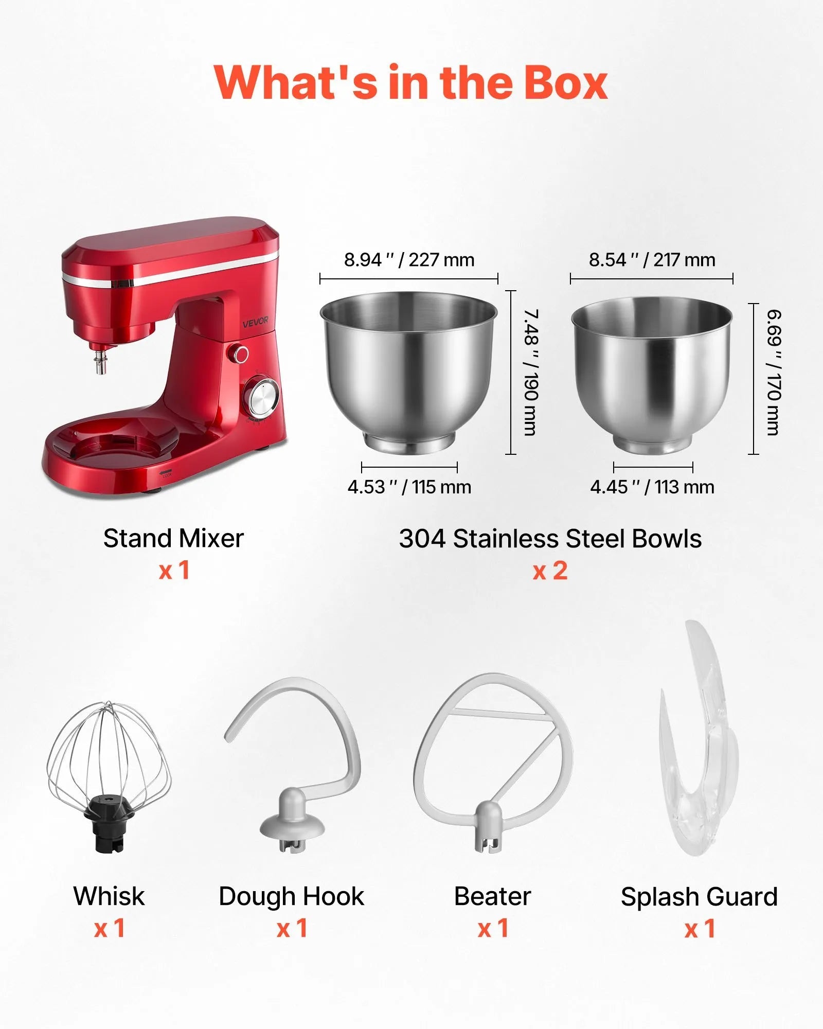 VEVOR Stand Mixer, 4.4 QT+6 QT Electric Kitchen Mixer, 300W Dough-Mixer, 10 Speeds Tilt-head Food-Mixer with Stainless Steel Bowls, Dough Hook, Whisk, Beater, for Baking, Mixing, Whipping & Kneading 