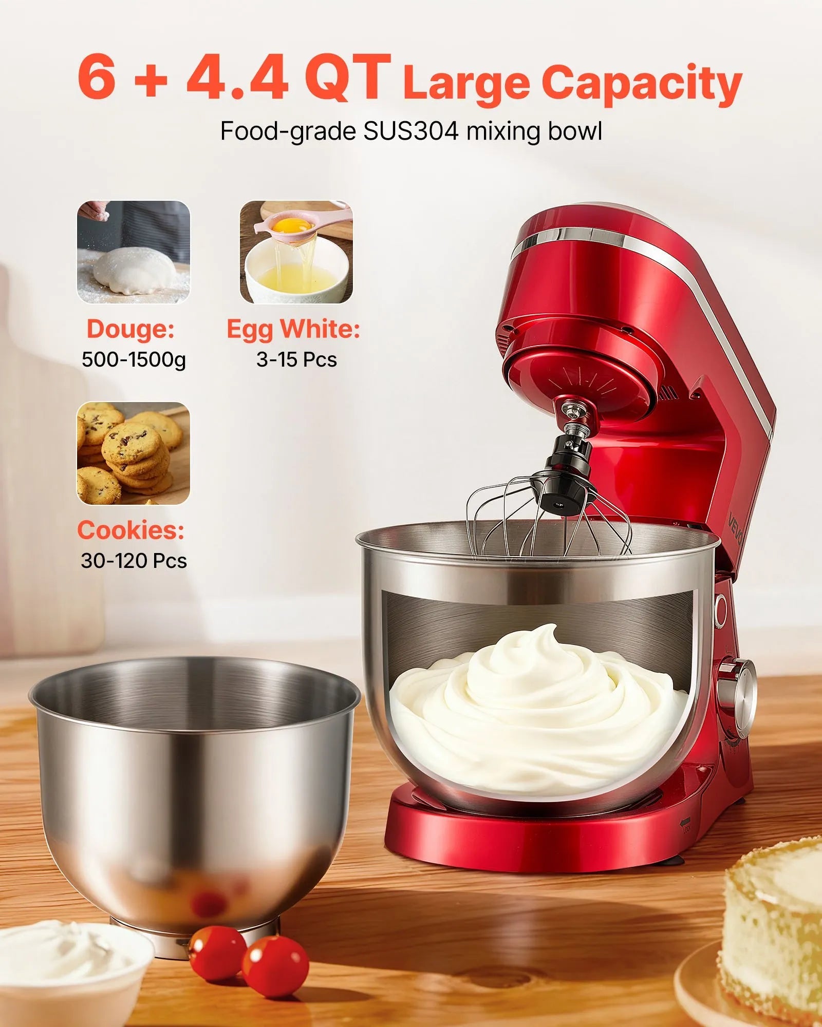 VEVOR Stand Mixer, 4.4 QT+6 QT Electric Kitchen Mixer, 300W Dough-Mixer, 10 Speeds Tilt-head Food-Mixer with Stainless Steel Bowls, Dough Hook, Whisk, Beater, for Baking, Mixing, Whipping & Kneading 