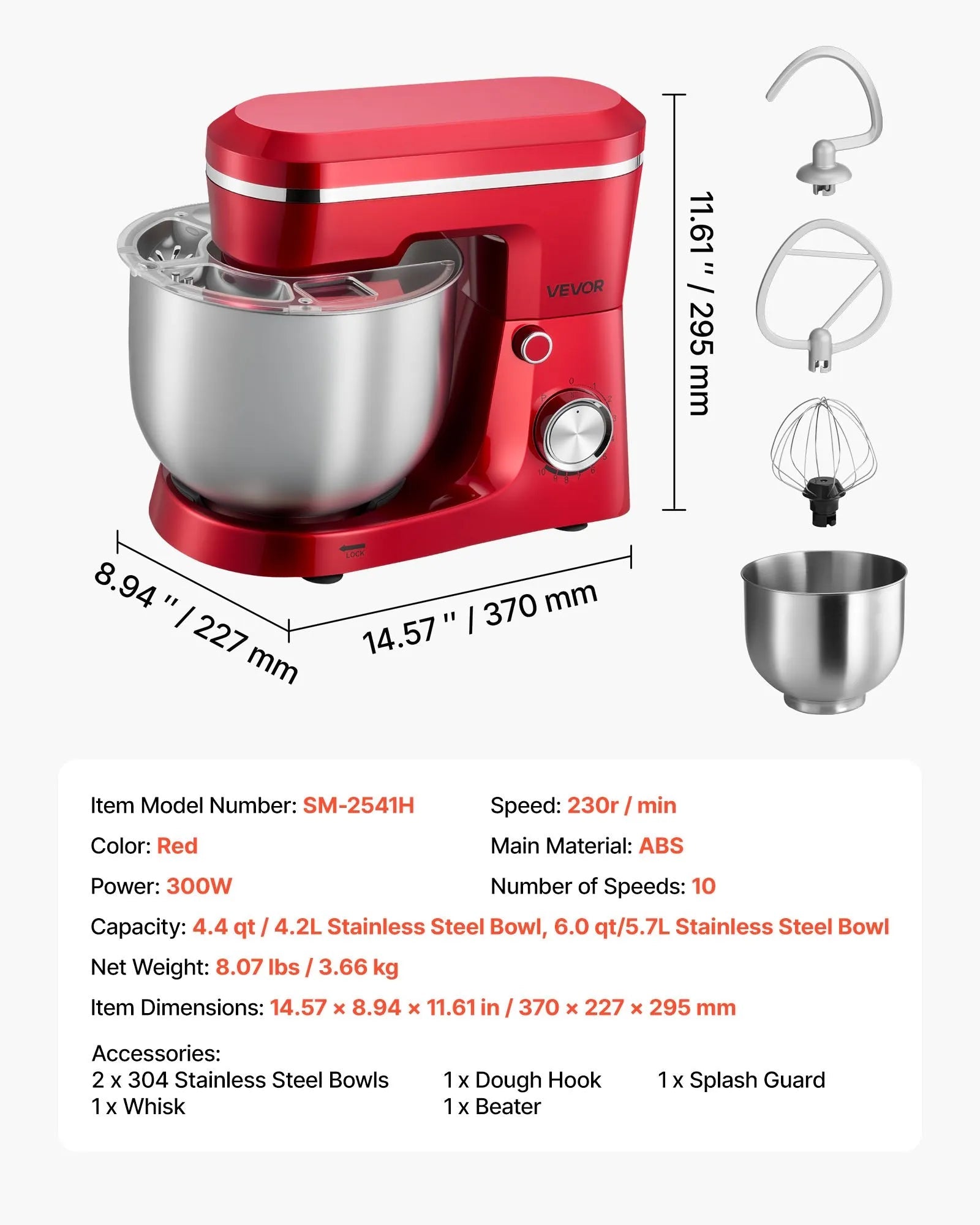 VEVOR Stand Mixer, 4.4 QT+6 QT Electric Kitchen Mixer, 300W Dough-Mixer, 10 Speeds Tilt-head Food-Mixer with Stainless Steel Bowls, Dough Hook, Whisk, Beater, for Baking, Mixing, Whipping & Kneading 