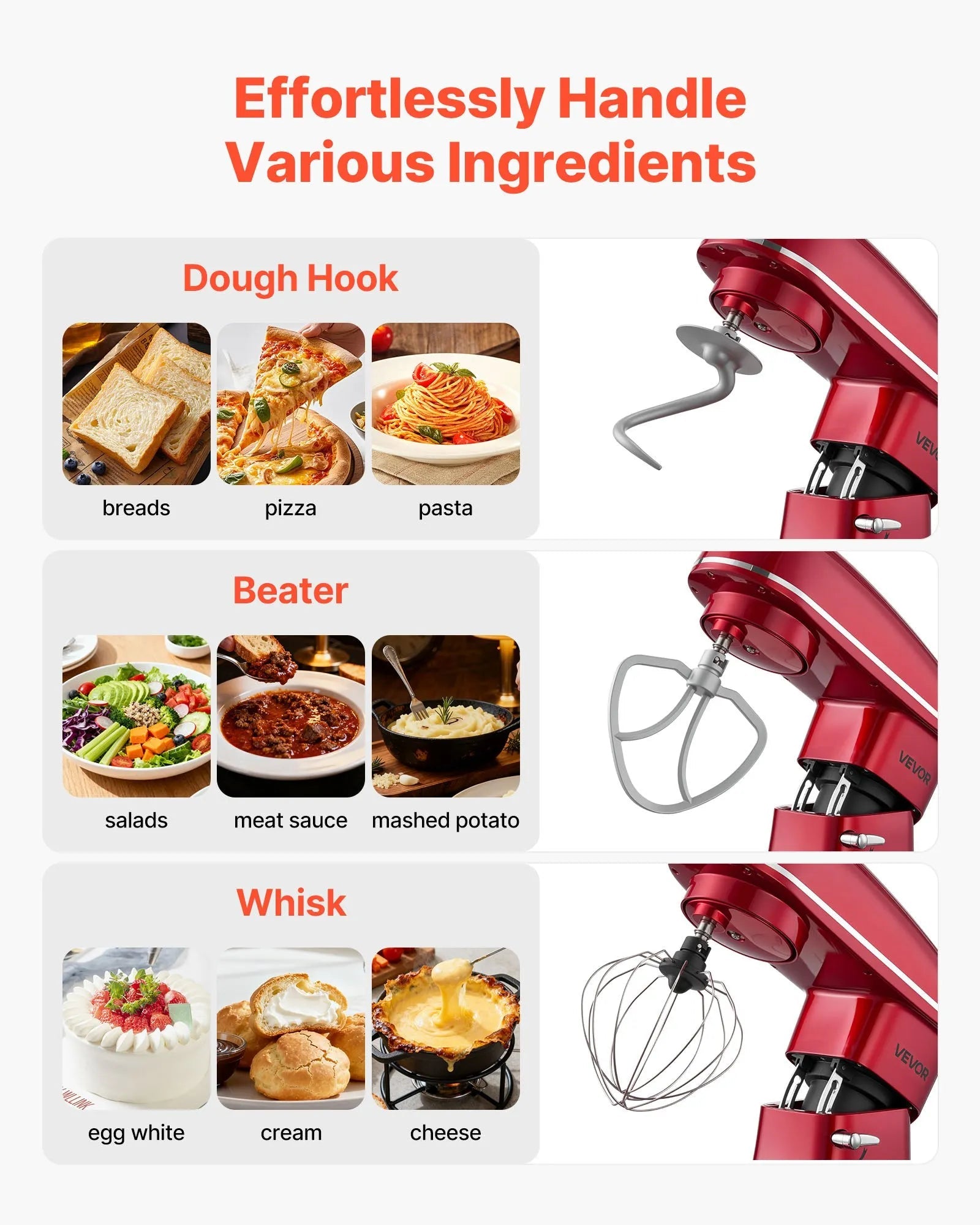 VEVOR Stand Mixer, 8.2 QT Electric Kitchen Mixer, 660W Dough-Mixer, 6 + Pulse Speeds Tilt-head Food-Mixer with Stainless Steel Bowl, Dough Hook, Whisk, Beater, for Baking, Mixing, Whipping & Kneading 