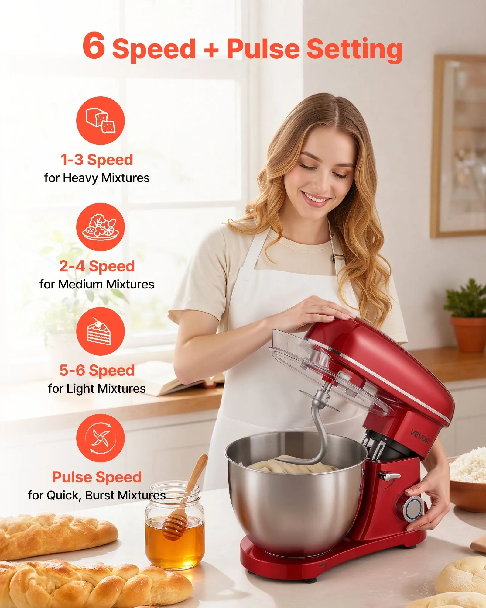 VEVOR Stand Mixer, 8.2 QT Electric Kitchen Mixer, 660W Dough-Mixer, 6 + Pulse Speeds Tilt-head Food-Mixer with Stainless Steel Bowl, Dough Hook, Whisk, Beater, for Baking, Mixing, Whipping & Kneading 