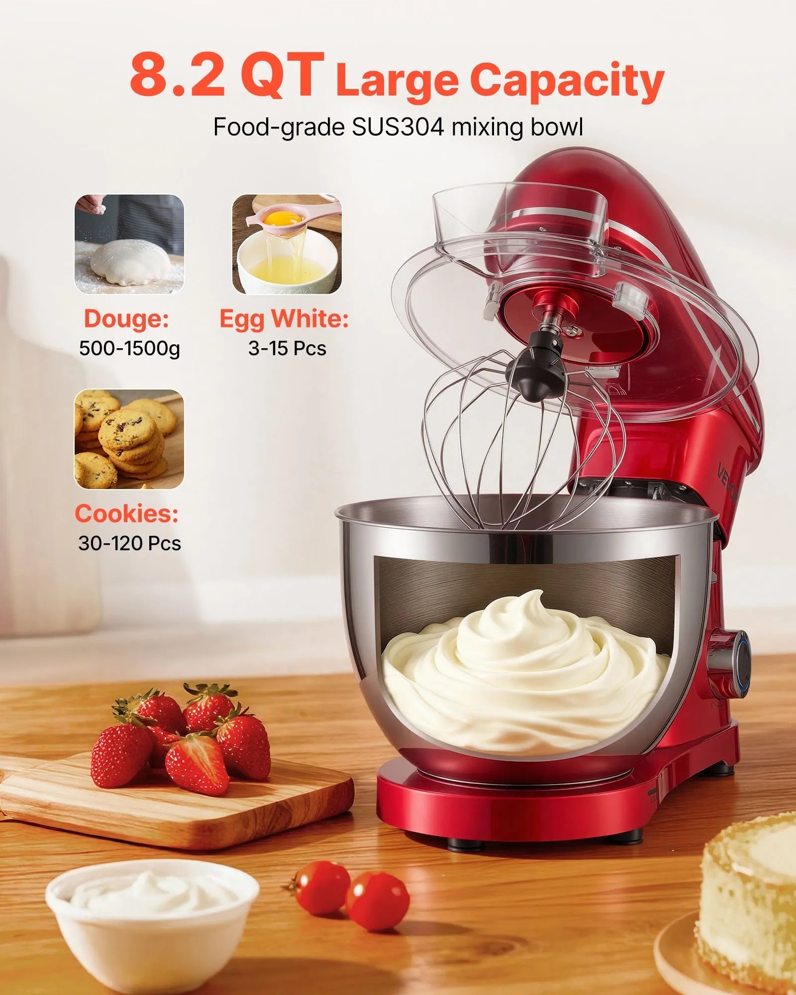 VEVOR Stand Mixer, 8.2 QT Electric Kitchen Mixer, 660W Dough-Mixer, 6 + Pulse Speeds Tilt-head Food-Mixer with Stainless Steel Bowl, Dough Hook, Whisk, Beater, for Baking, Mixing, Whipping & Kneading 