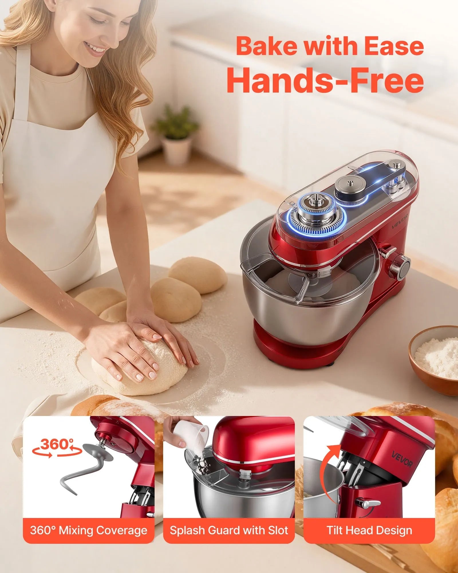 VEVOR Stand Mixer, 8.2 QT Electric Kitchen Mixer, 660W Dough-Mixer, 6 + Pulse Speeds Tilt-head Food-Mixer with Stainless Steel Bowl, Dough Hook, Whisk, Beater, for Baking, Mixing, Whipping & Kneading 
