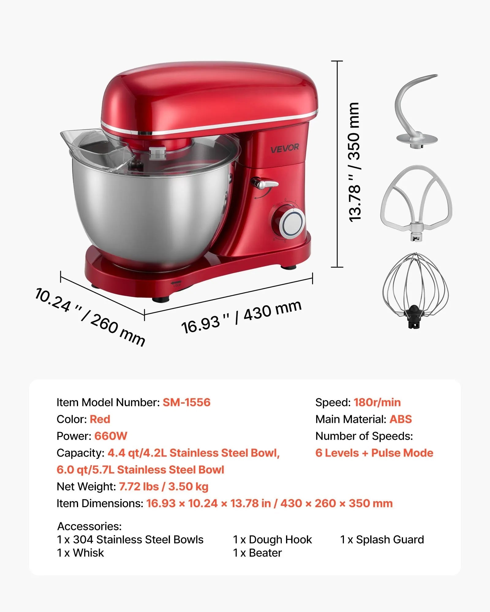 VEVOR Stand Mixer, 8.2 QT Electric Kitchen Mixer, 660W Dough-Mixer, 6 + Pulse Speeds Tilt-head Food-Mixer with Stainless Steel Bowl, Dough Hook, Whisk, Beater, for Baking, Mixing, Whipping & Kneading 