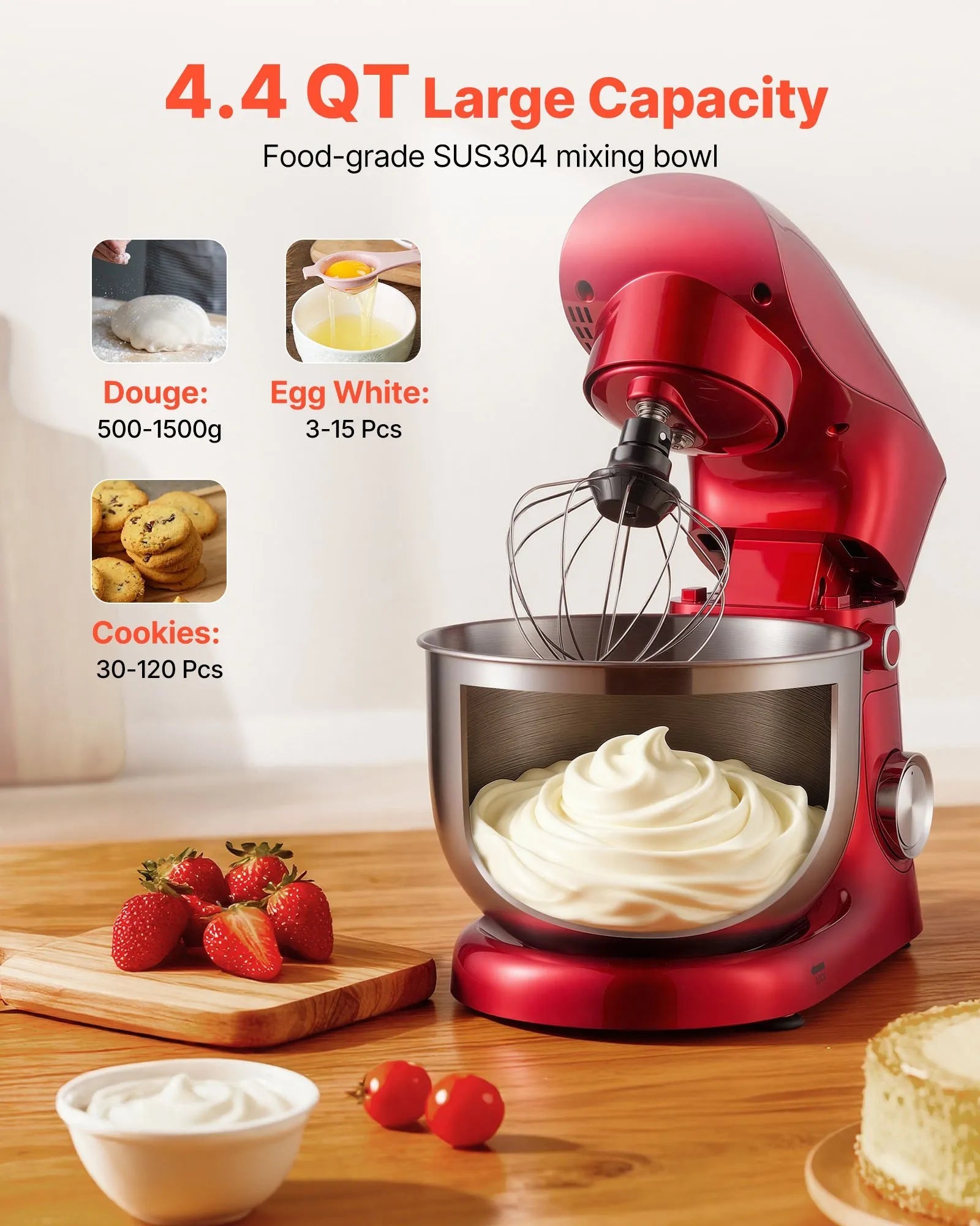 VEVOR Stand Mixer, 4.4 QT Electric Kitchen Mixer, 300W Dough-Mixer, 10 + Pulse Speeds Tilt-head Food-Mixer with Stainless Steel Bowl, Dough Hook, Whisk, Beater, for Baking, Mixing, Whipping & Kneading 