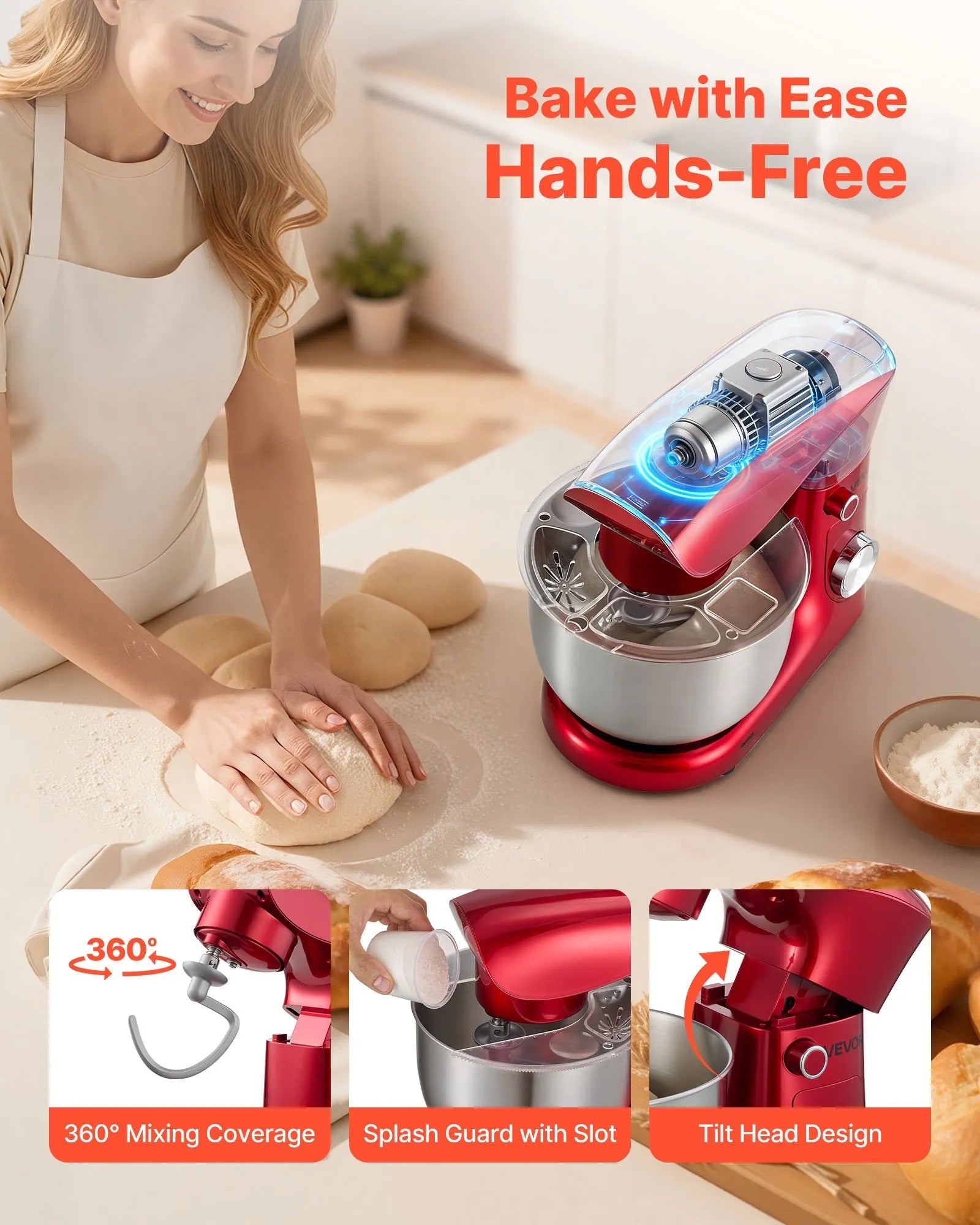 VEVOR Stand Mixer, 4.4 QT Electric Kitchen Mixer, 300W Dough-Mixer, 10 + Pulse Speeds Tilt-head Food-Mixer with Stainless Steel Bowl, Dough Hook, Whisk, Beater, for Baking, Mixing, Whipping & Kneading 