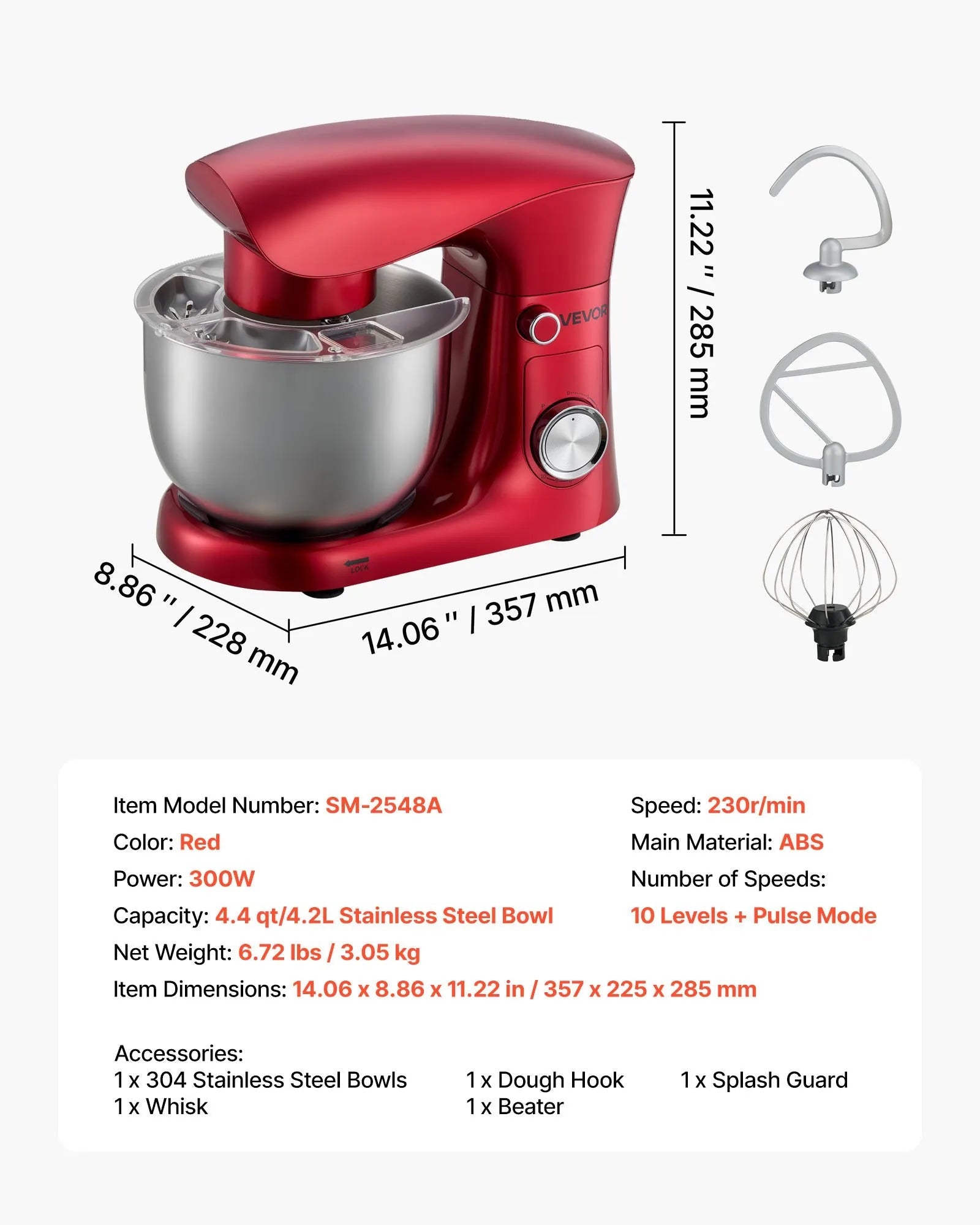 VEVOR Stand Mixer, 4.4 QT Electric Kitchen Mixer, 300W Dough-Mixer, 10 + Pulse Speeds Tilt-head Food-Mixer with Stainless Steel Bowl, Dough Hook, Whisk, Beater, for Baking, Mixing, Whipping & Kneading 