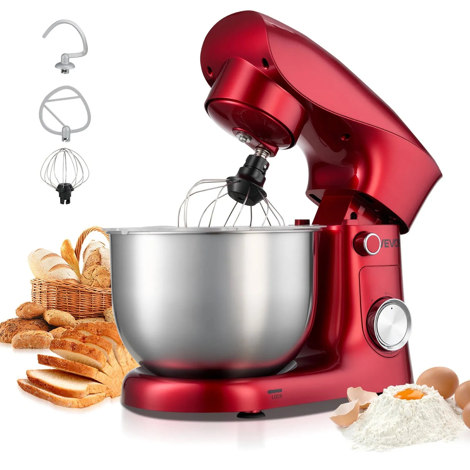 VEVOR Stand Mixer, 4.4 QT Electric Kitchen Mixer, 300W Dough-Mixer, 10 + Pulse Speeds Tilt-head Food-Mixer with Stainless Steel Bowl, Dough Hook, Whisk, Beater, for Baking, Mixing, Whipping & Kneading 