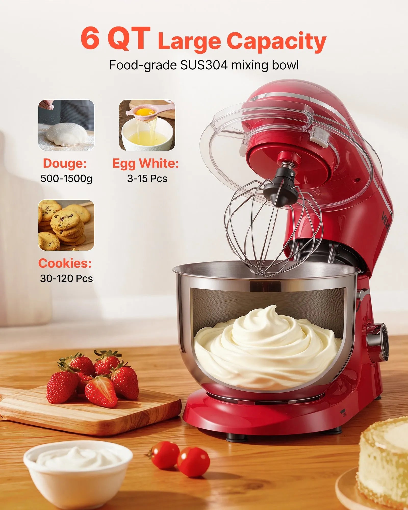 VEVOR Stand Mixer, 6 QT Electric Kitchen Mixer, 660W Dough-Mixer, 6 + Pulse Speeds Tilt-head Food-Mixer with Stainless Steel Bowl, Dough Hook, Whisk, Beater, for Baking, Mixing, Whipping & Kneading 