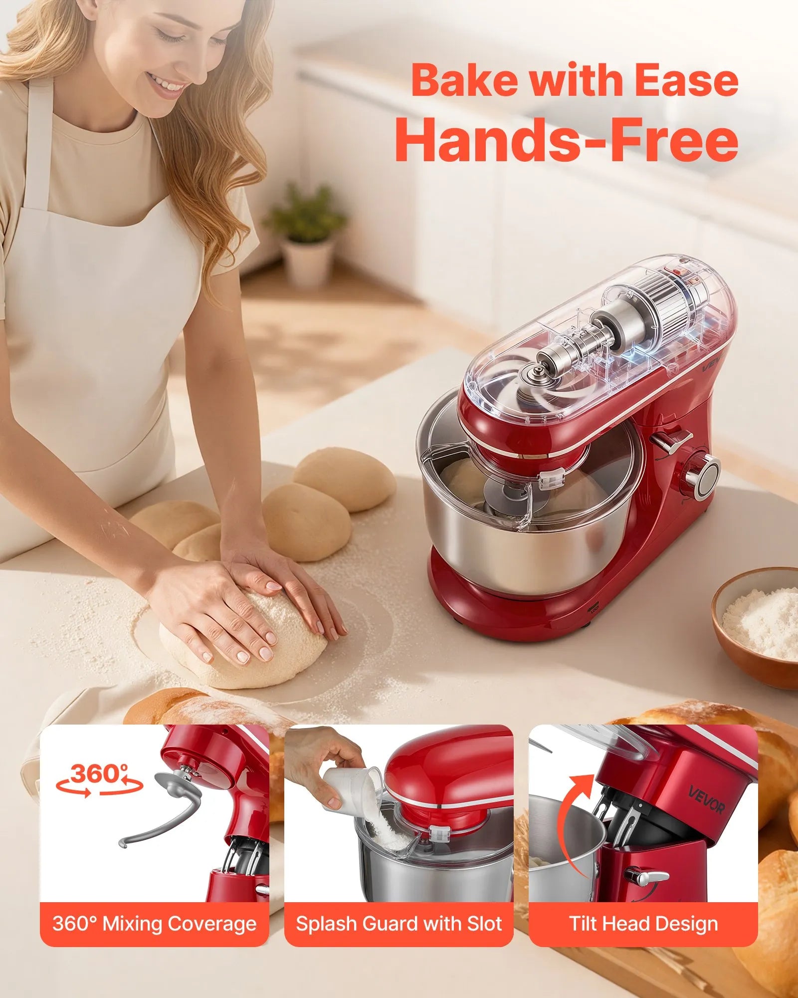 VEVOR Stand Mixer, 6 QT Electric Kitchen Mixer, 660W Dough-Mixer, 6 + Pulse Speeds Tilt-head Food-Mixer with Stainless Steel Bowl, Dough Hook, Whisk, Beater, for Baking, Mixing, Whipping & Kneading 