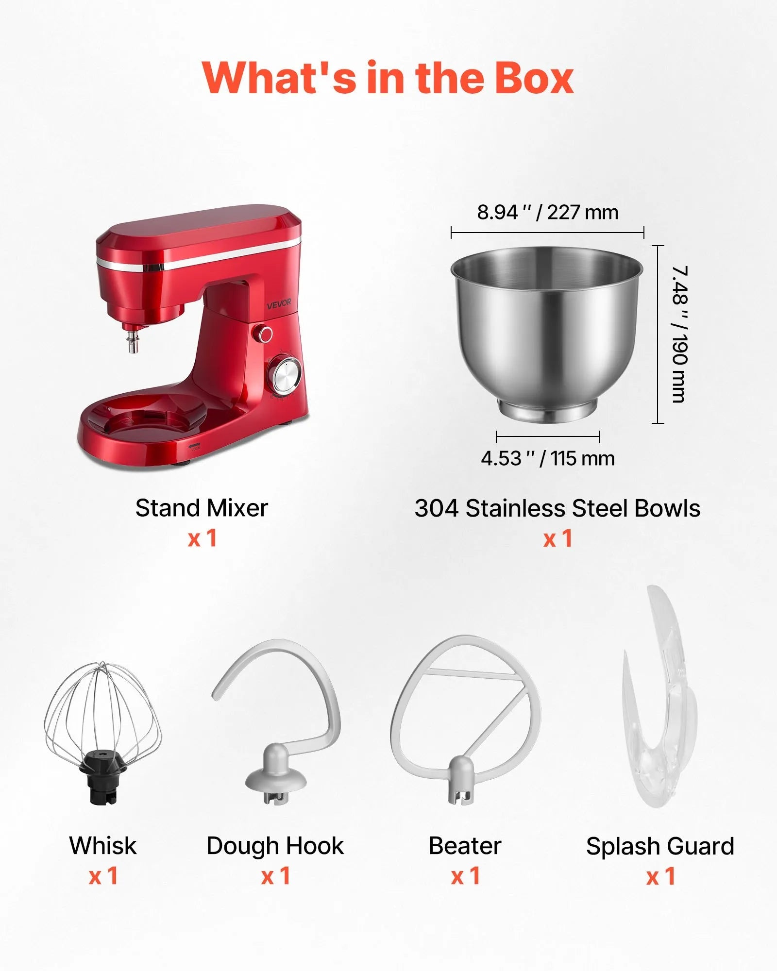 VEVOR Stand Mixer, 6 QT Electric Kitchen Mixer, 300W Dough-Mixer, 10 Speeds Tilt-head Food-Mixer with Stainless Steel Bowl, Dough Hook, Whisk, Beater, for Baking, Mixing, Whipping & Kneading, Red 