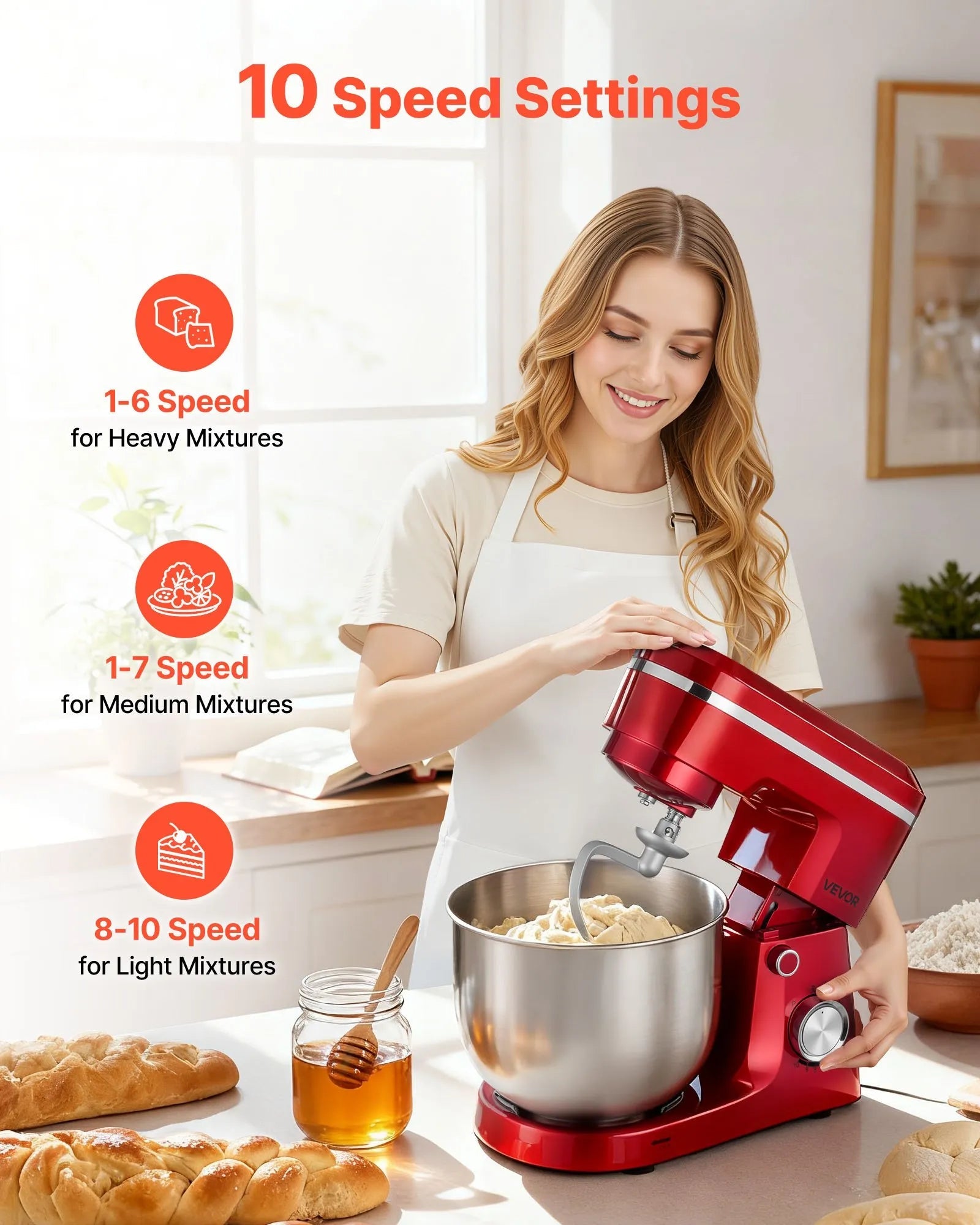 VEVOR Stand Mixer, 6 QT Electric Kitchen Mixer, 300W Dough-Mixer, 10 Speeds Tilt-head Food-Mixer with Stainless Steel Bowl, Dough Hook, Whisk, Beater, for Baking, Mixing, Whipping & Kneading, Red 