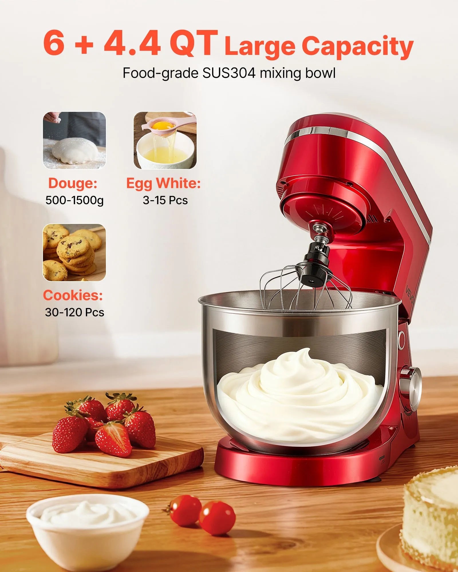 VEVOR Stand Mixer, 6 QT Electric Kitchen Mixer, 300W Dough-Mixer, 10 Speeds Tilt-head Food-Mixer with Stainless Steel Bowl, Dough Hook, Whisk, Beater, for Baking, Mixing, Whipping & Kneading, Red 