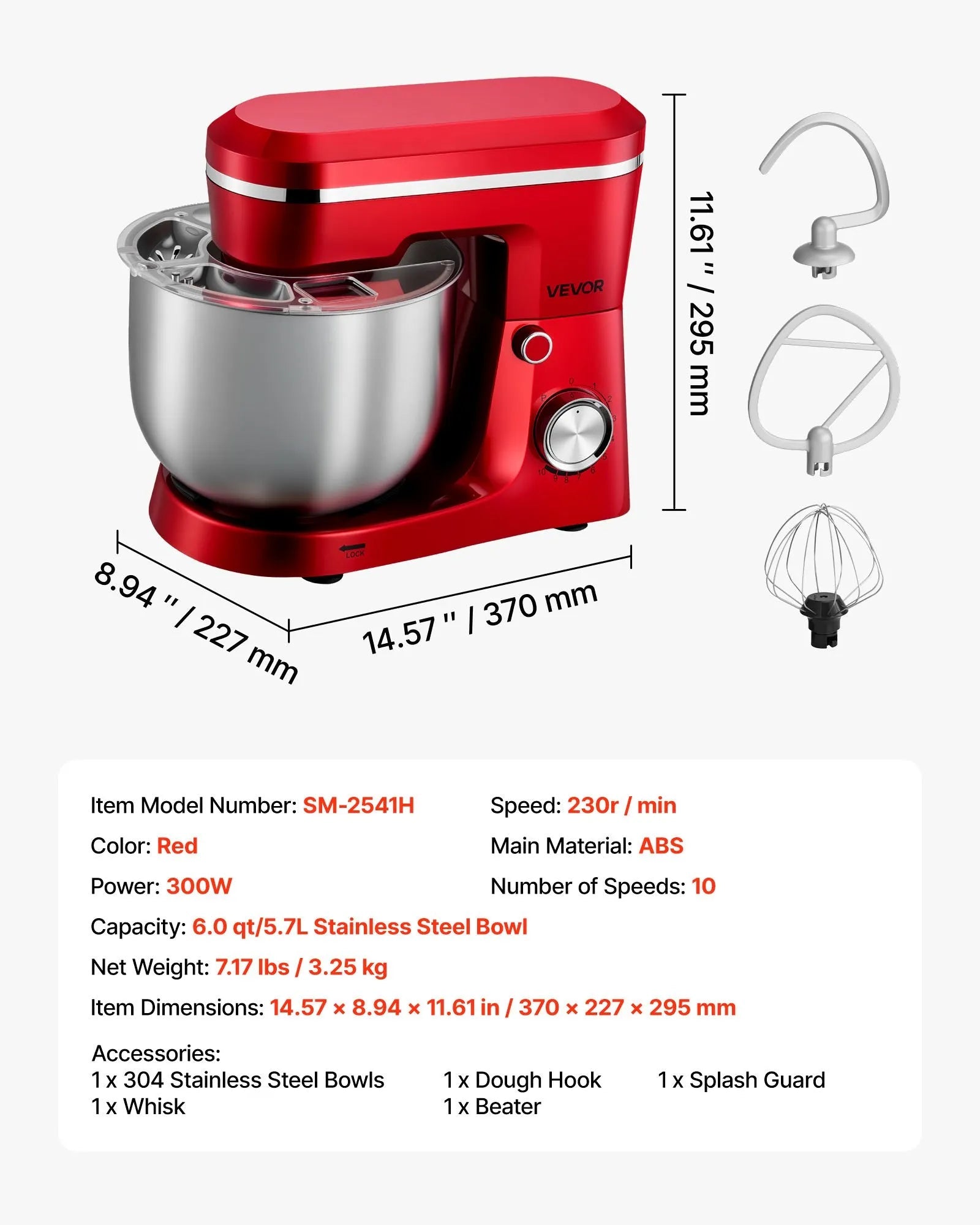 VEVOR Stand Mixer, 6 QT Electric Kitchen Mixer, 300W Dough-Mixer, 10 Speeds Tilt-head Food-Mixer with Stainless Steel Bowl, Dough Hook, Whisk, Beater, for Baking, Mixing, Whipping & Kneading, Red 