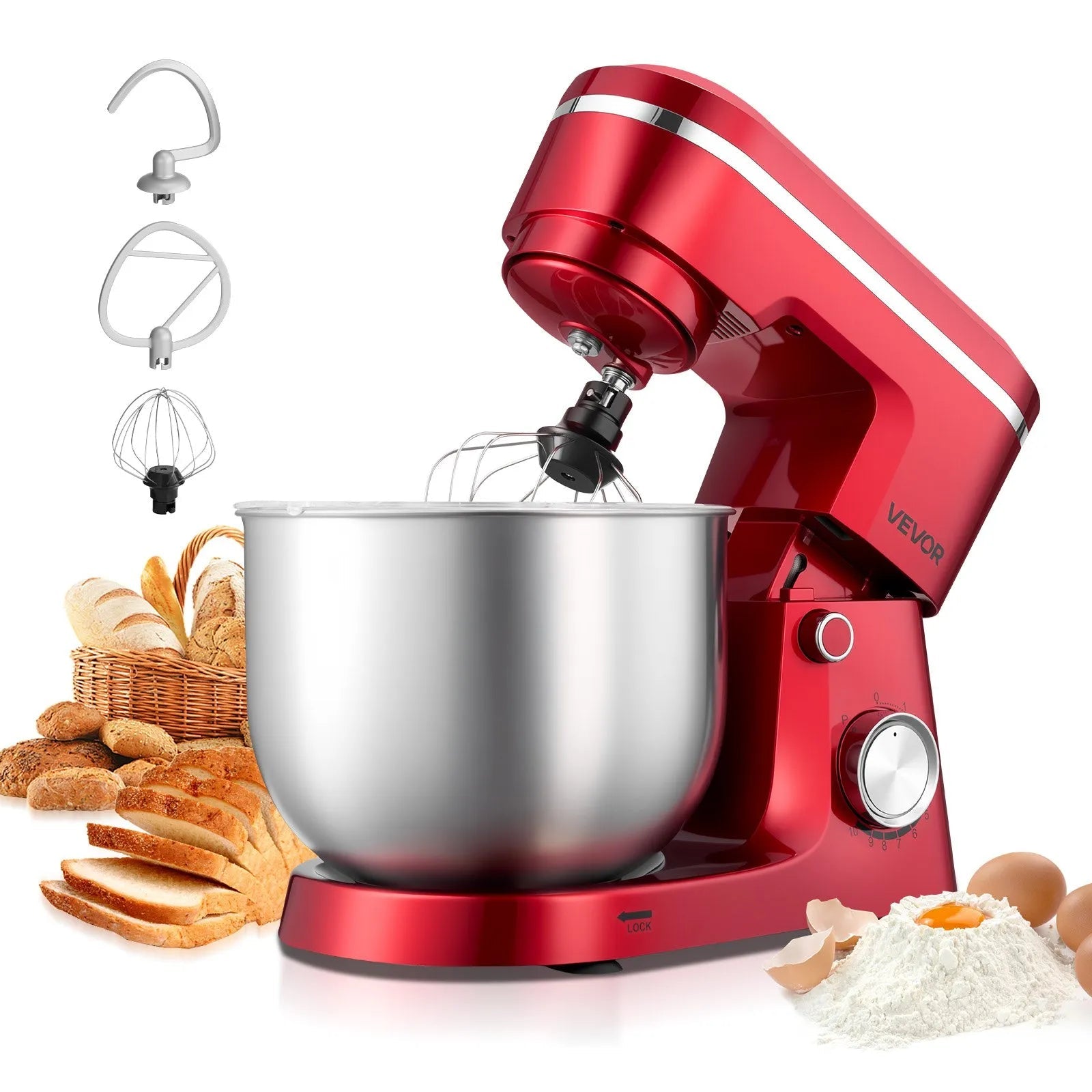 VEVOR Stand Mixer, 6 QT Electric Kitchen Mixer, 300W Dough-Mixer, 10 Speeds Tilt-head Food-Mixer with Stainless Steel Bowl, Dough Hook, Whisk, Beater, for Baking, Mixing, Whipping & Kneading, Red 