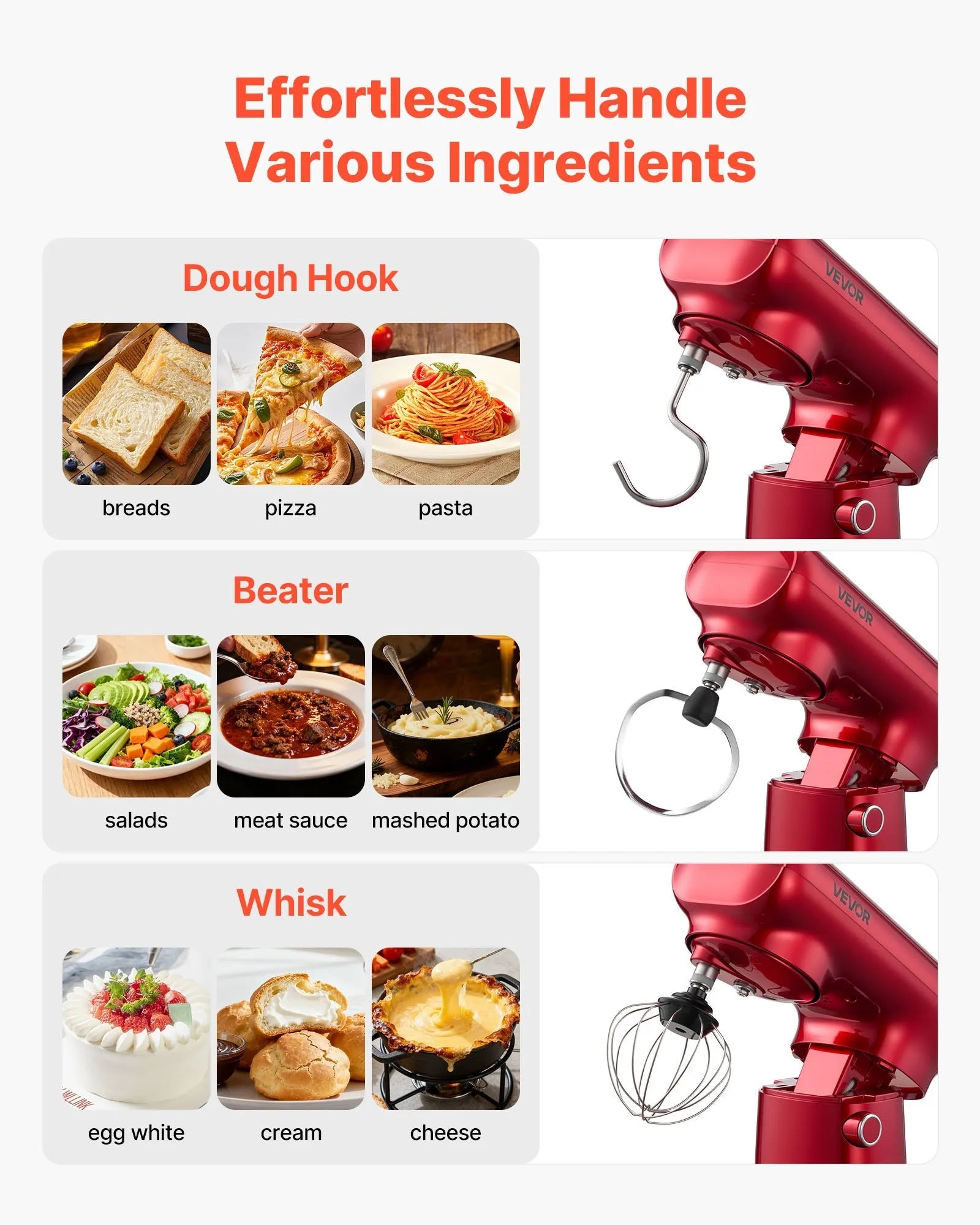 VEVOR Stand Mixer, 3 QT Electric Kitchen Mixer, 300W Dough-Mixer, 10 Speeds Tilt-head Food-Mixer with Stainless Steel Bowl, Dough Hook, Whisk, Beater, for Baking, Mixing, Whipping & Kneading, Red 