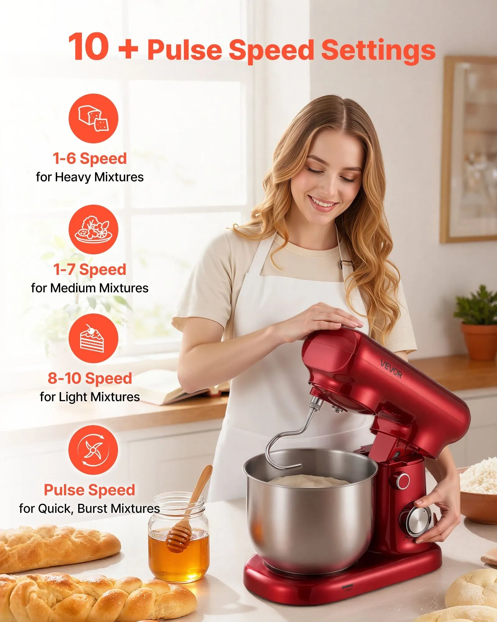 VEVOR Stand Mixer, 3 QT Electric Kitchen Mixer, 300W Dough-Mixer, 10 Speeds Tilt-head Food-Mixer with Stainless Steel Bowl, Dough Hook, Whisk, Beater, for Baking, Mixing, Whipping & Kneading, Red 