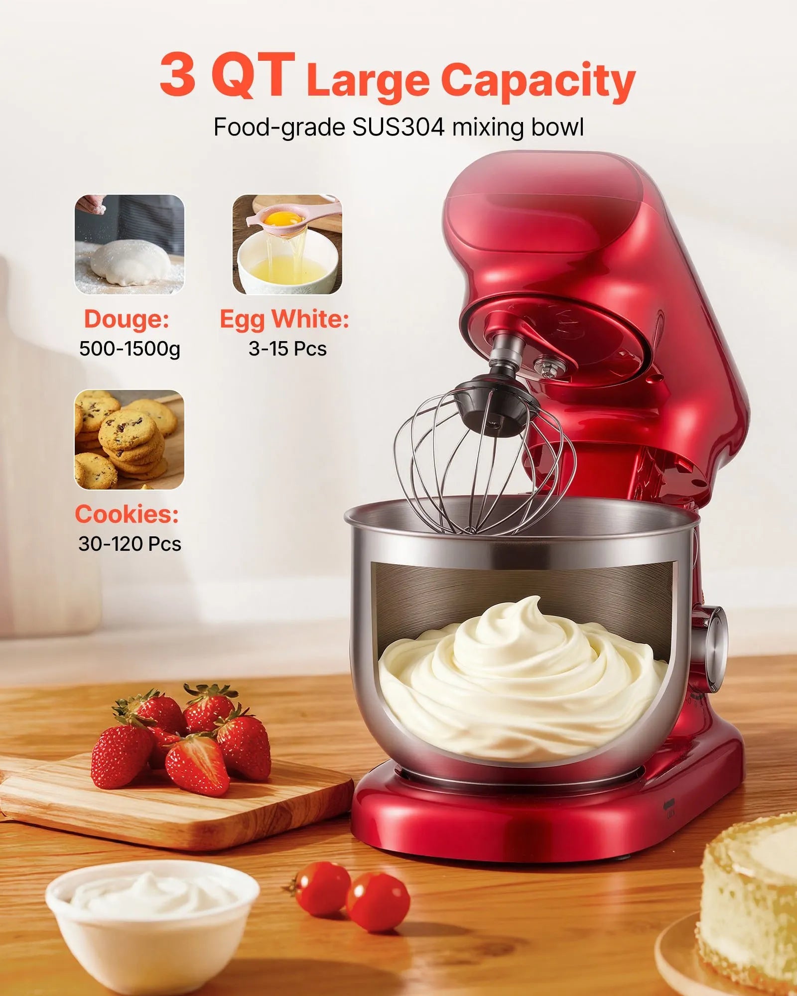 VEVOR Stand Mixer, 3 QT Electric Kitchen Mixer, 300W Dough-Mixer, 10 Speeds Tilt-head Food-Mixer with Stainless Steel Bowl, Dough Hook, Whisk, Beater, for Baking, Mixing, Whipping & Kneading, Red 