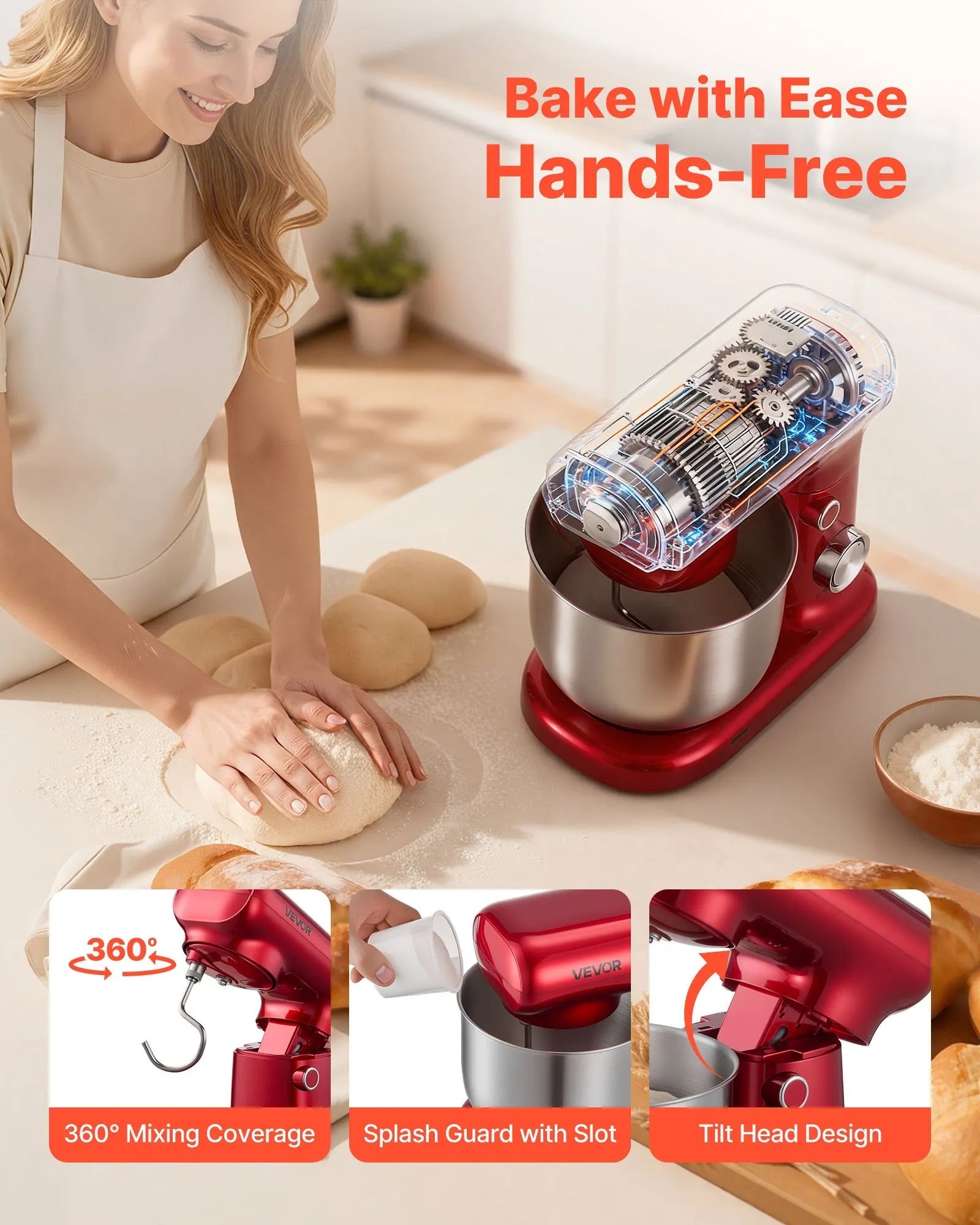 VEVOR Stand Mixer, 3 QT Electric Kitchen Mixer, 300W Dough-Mixer, 10 Speeds Tilt-head Food-Mixer with Stainless Steel Bowl, Dough Hook, Whisk, Beater, for Baking, Mixing, Whipping & Kneading, Red 