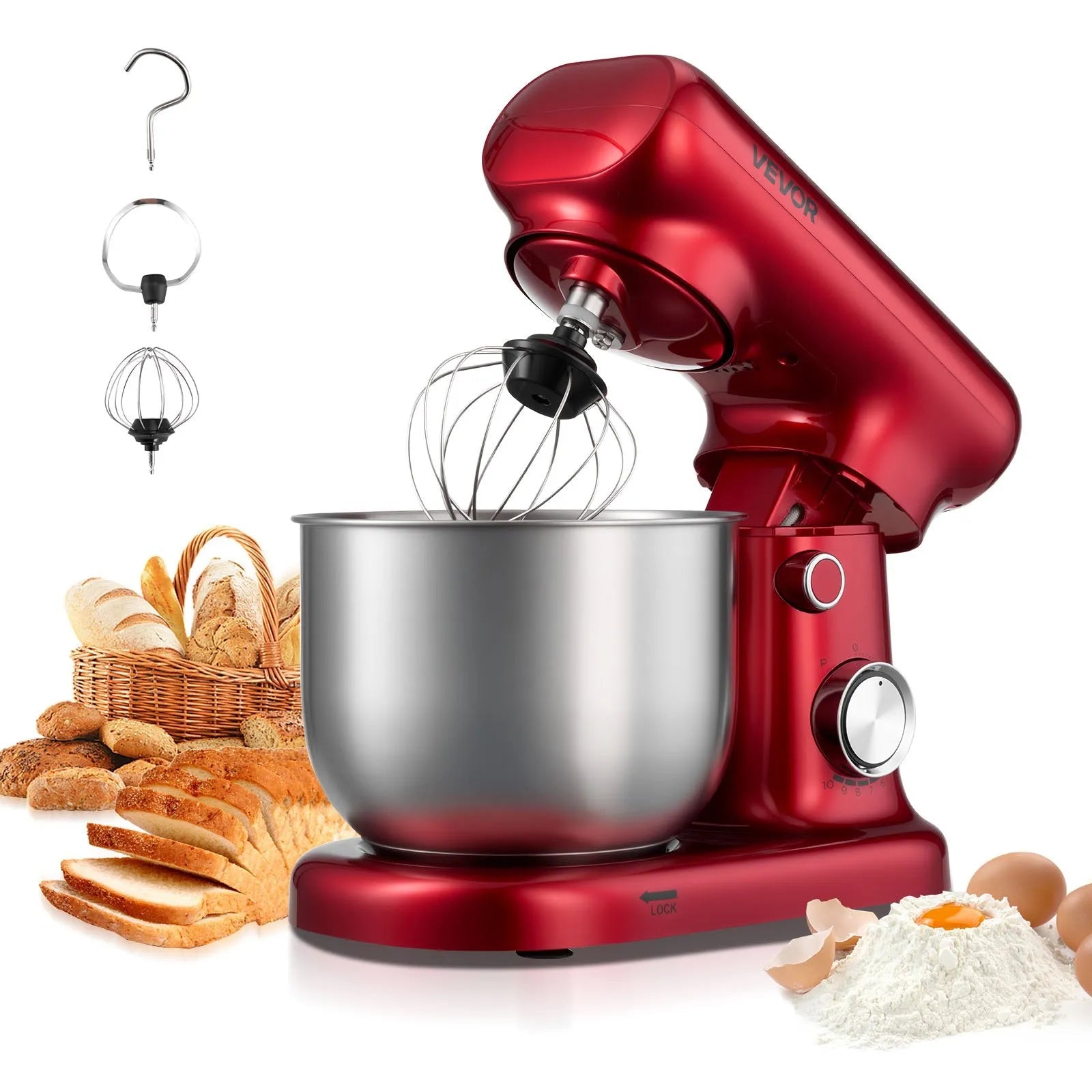VEVOR Stand Mixer, 3 QT Electric Kitchen Mixer, 300W Dough-Mixer, 10 Speeds Tilt-head Food-Mixer with Stainless Steel Bowl, Dough Hook, Whisk, Beater, for Baking, Mixing, Whipping & Kneading, Red 