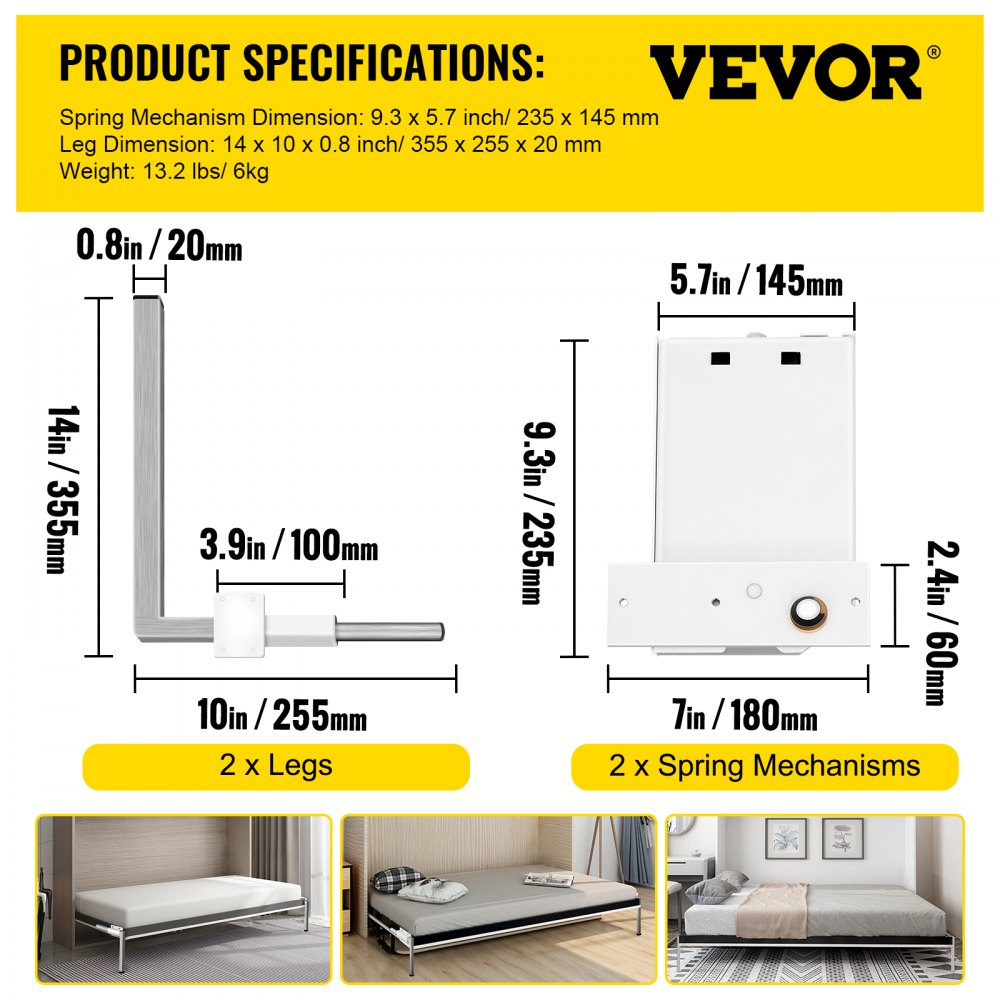 VEVOR DIY Murphy Bed Hardware Kit Horizontal Mounting Wall Bed Springs Mechanism Heavy Duty Bed Support Hardware DIY Kit for Queen Twin Size Bed 
