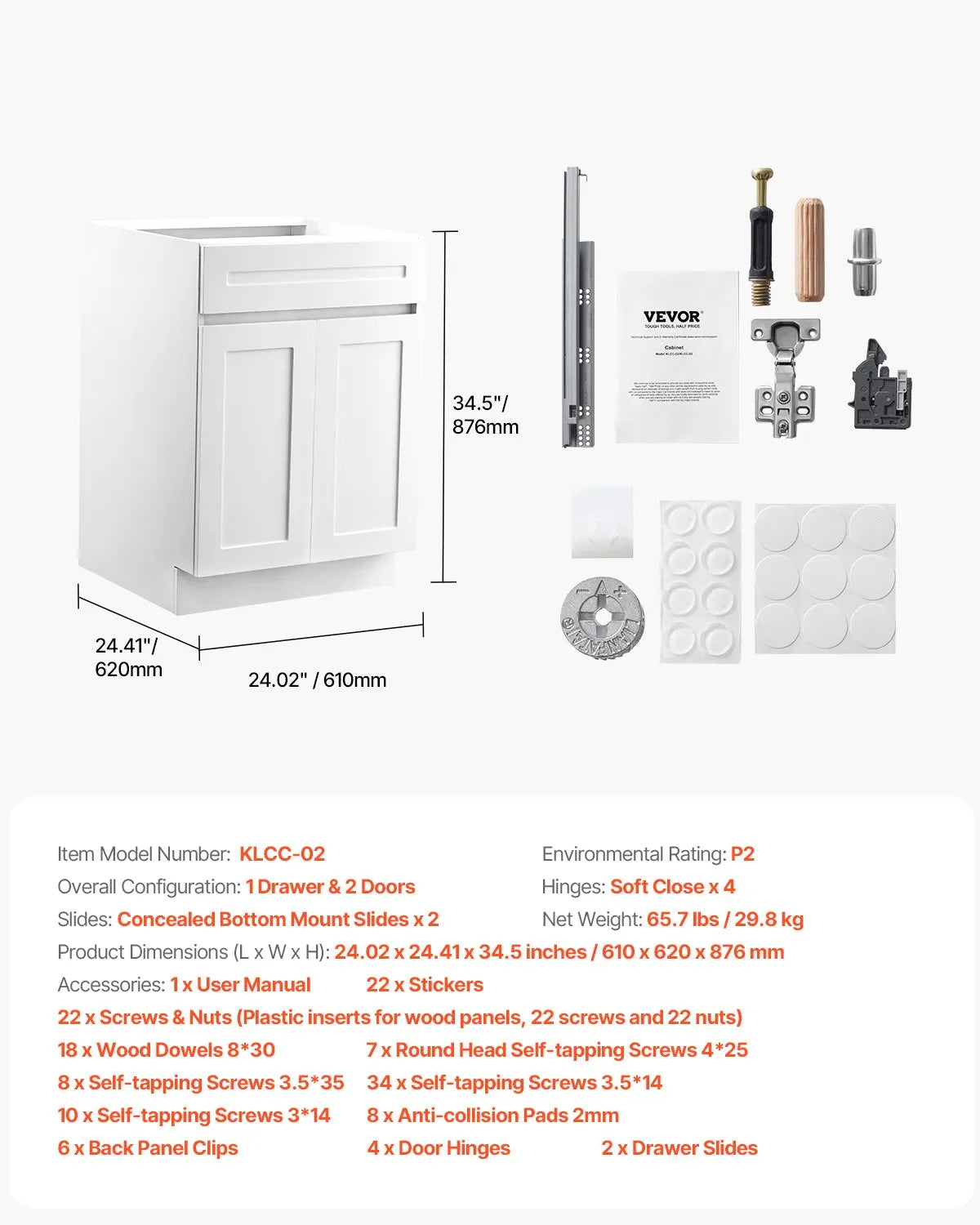 VEVOR Shaker Base Cabinet 24" W x 24" D x 34.5" H Ready to Assemble with Drawer