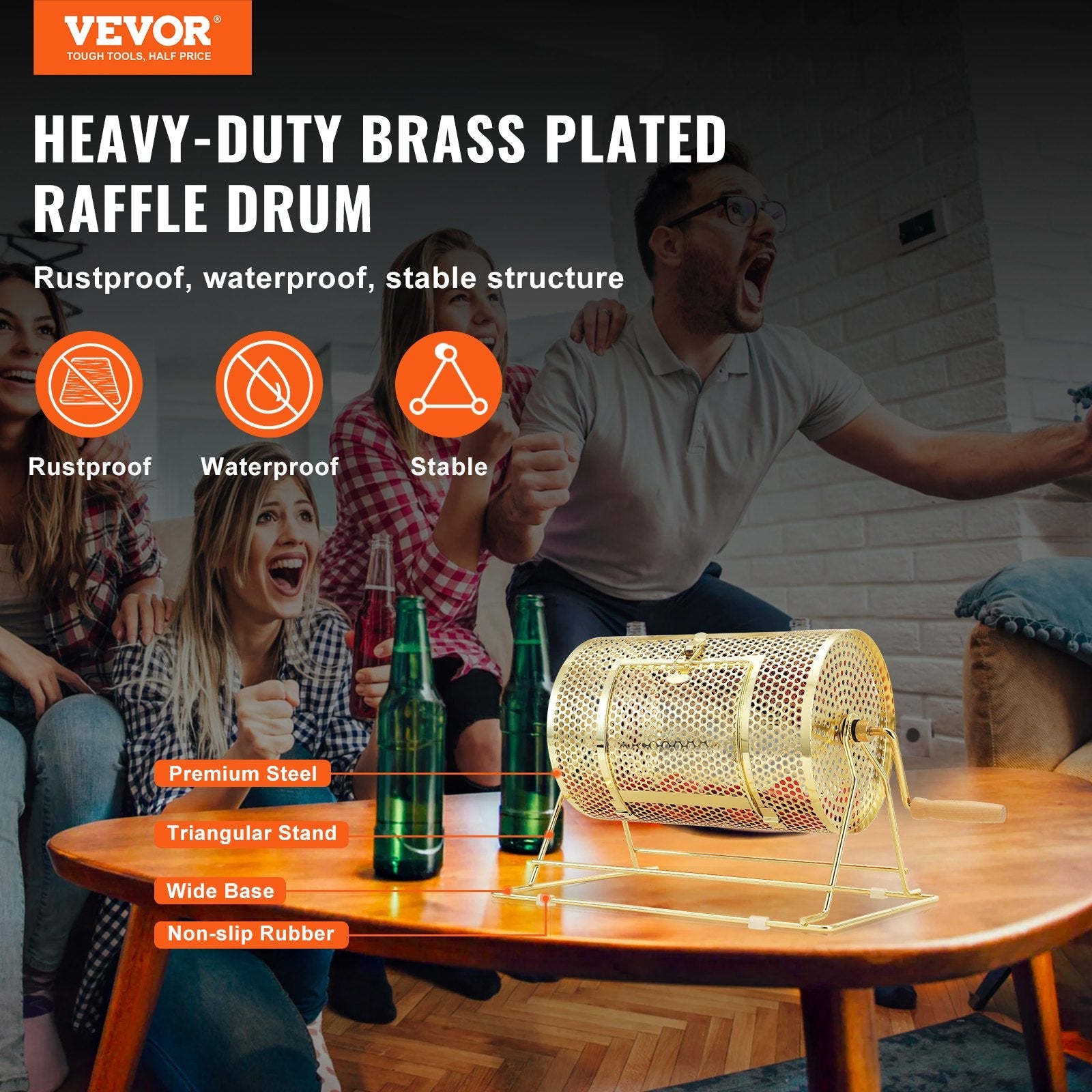 VEVOR Raffle Drum, 11.6 x Ø7.48 inch Brass Plated Raffle Ticket Spinning Cage, Holds 2500 Tickets or 100 Ping Pong Balls, Metal Lottery Spinning Drawing with Wooden Turning Handle, for Bingo Ballot Pa 