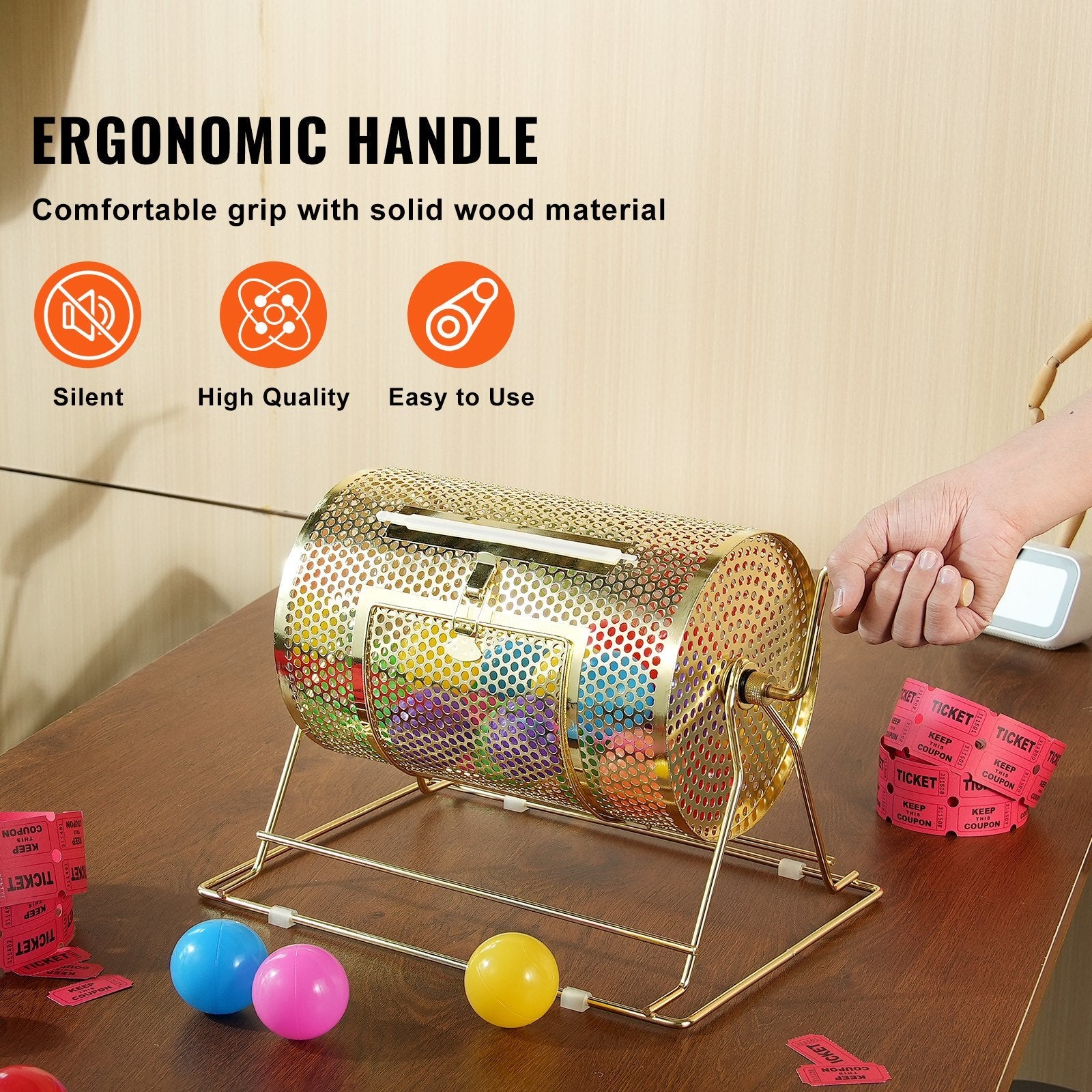 VEVOR Raffle Drum, 11.6 x Ø7.48 inch Brass Plated Raffle Ticket Spinning Cage, Holds 2500 Tickets or 100 Ping Pong Balls, Metal Lottery Spinning Drawing with Wooden Turning Handle, for Bingo Ballot Pa 