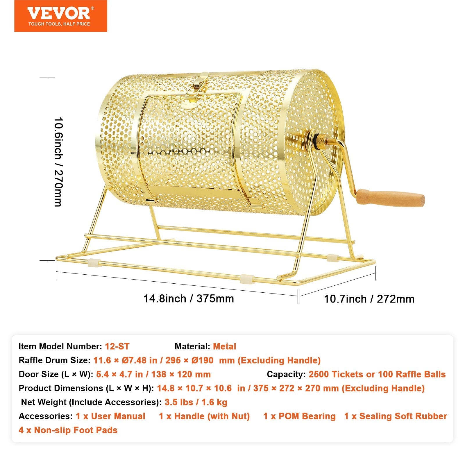 VEVOR Raffle Drum, 11.6 x Ø7.48 inch Brass Plated Raffle Ticket Spinning Cage, Holds 2500 Tickets or 100 Ping Pong Balls, Metal Lottery Spinning Drawing with Wooden Turning Handle, for Bingo Ballot Pa 