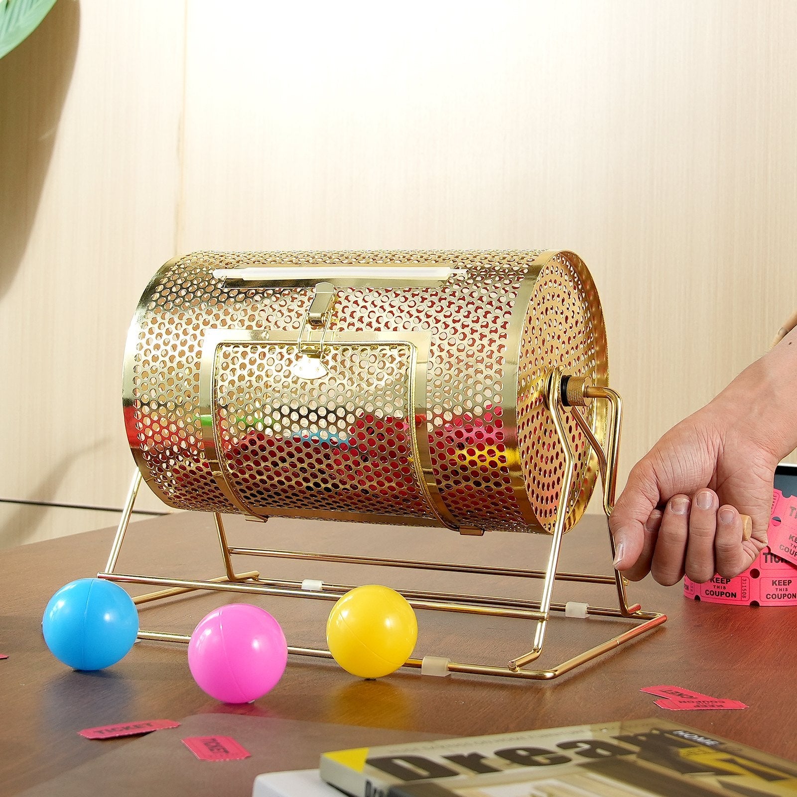 VEVOR Raffle Drum, 11.6 x Ø7.48 inch Brass Plated Raffle Ticket Spinning Cage, Holds 2500 Tickets or 100 Ping Pong Balls, Metal Lottery Spinning Drawing with Wooden Turning Handle, for Bingo Ballot Pa 