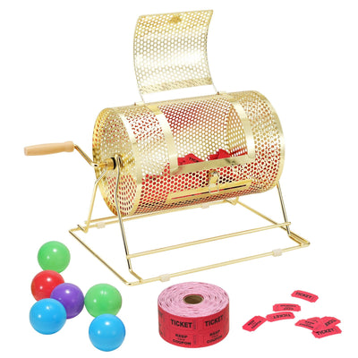 VEVOR Raffle Drum, 11.6 x Ø7.48 inch Brass Plated Raffle Ticket Spinning Cage, Holds 2500 Tickets or 100 Ping Pong Balls, Metal Lottery Spinning Drawing with Wooden Turning Handle, for Bingo Ballot Pa 