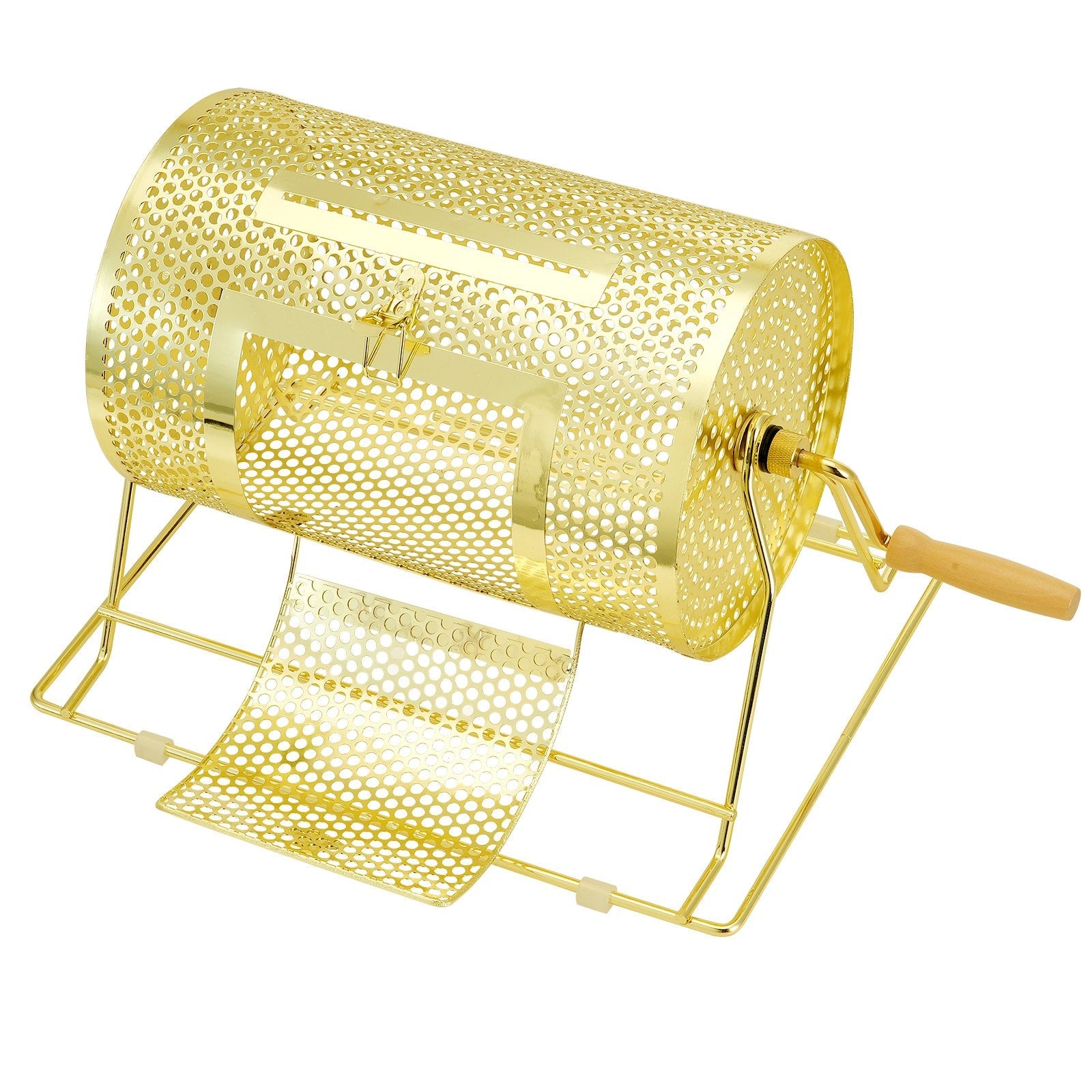 VEVOR Raffle Drum, 11.6 x Ø7.48 inch Brass Plated Raffle Ticket Spinning Cage, Holds 2500 Tickets or 100 Ping Pong Balls, Metal Lottery Spinning Drawing with Wooden Turning Handle, for Bingo Ballot Pa 