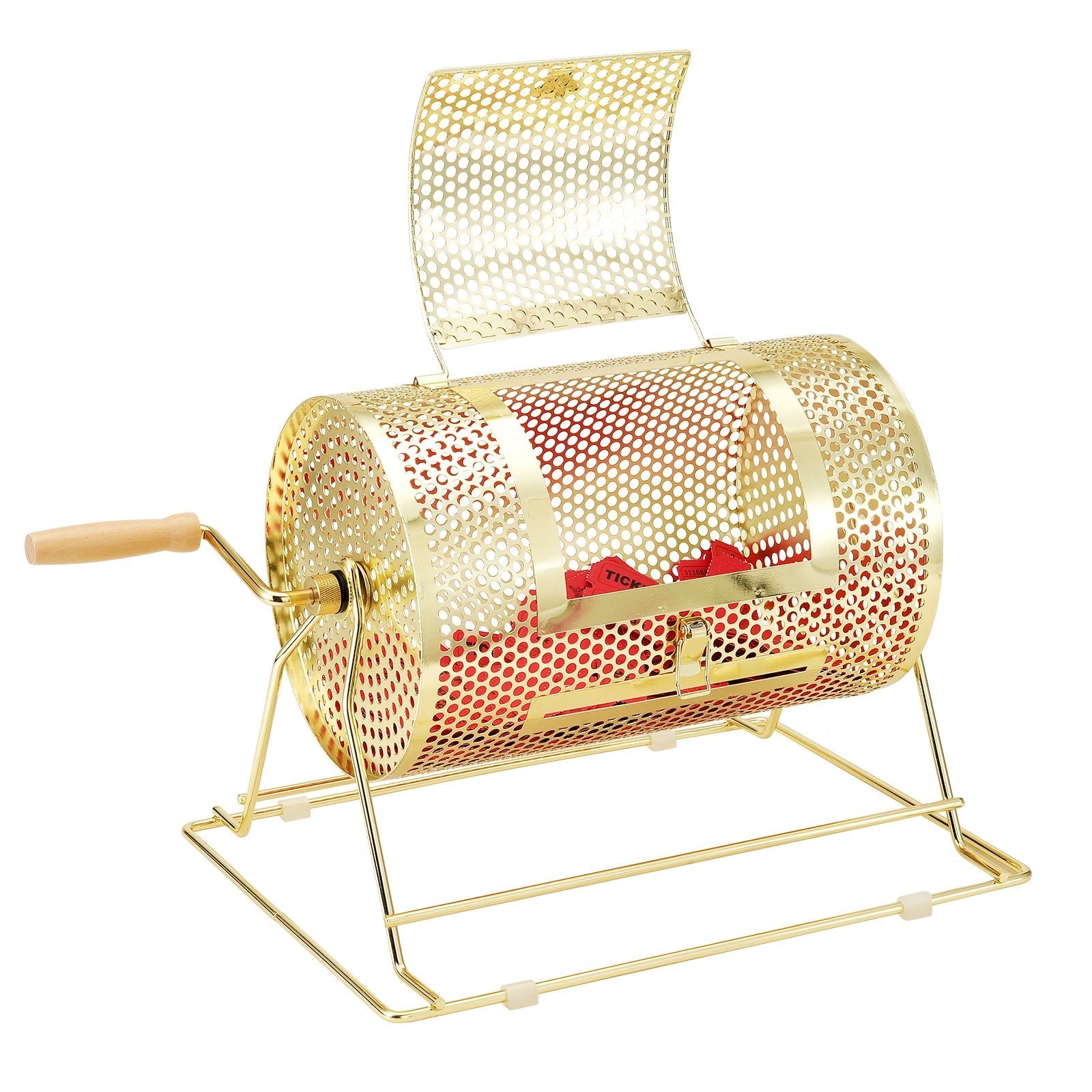 VEVOR Raffle Drum, 11.6 x Ø7.48 inch Brass Plated Raffle Ticket Spinning Cage, Holds 2500 Tickets or 100 Ping Pong Balls, Metal Lottery Spinning Drawing with Wooden Turning Handle, for Bingo Ballot Pa 