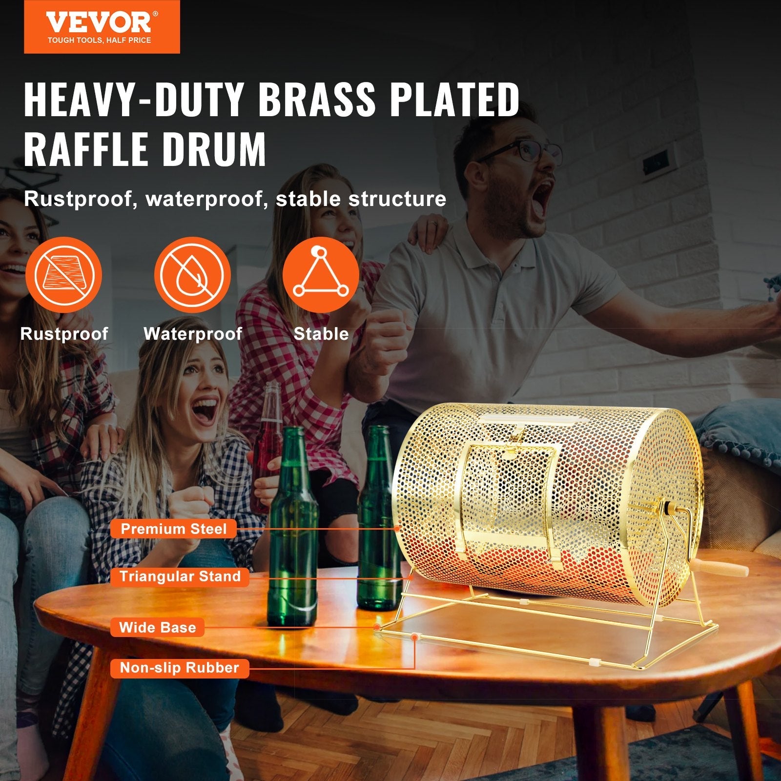 VEVOR Raffle Drum, 16.1 x Ø12 inch Brass Plated Raffle Ticket Spinning Cage, Holds 5000 Tickets or 200 Ping Pong Balls, Metal Lottery Spinning Drawing with Wooden Turning Handle, for Bingo Ballot Part 