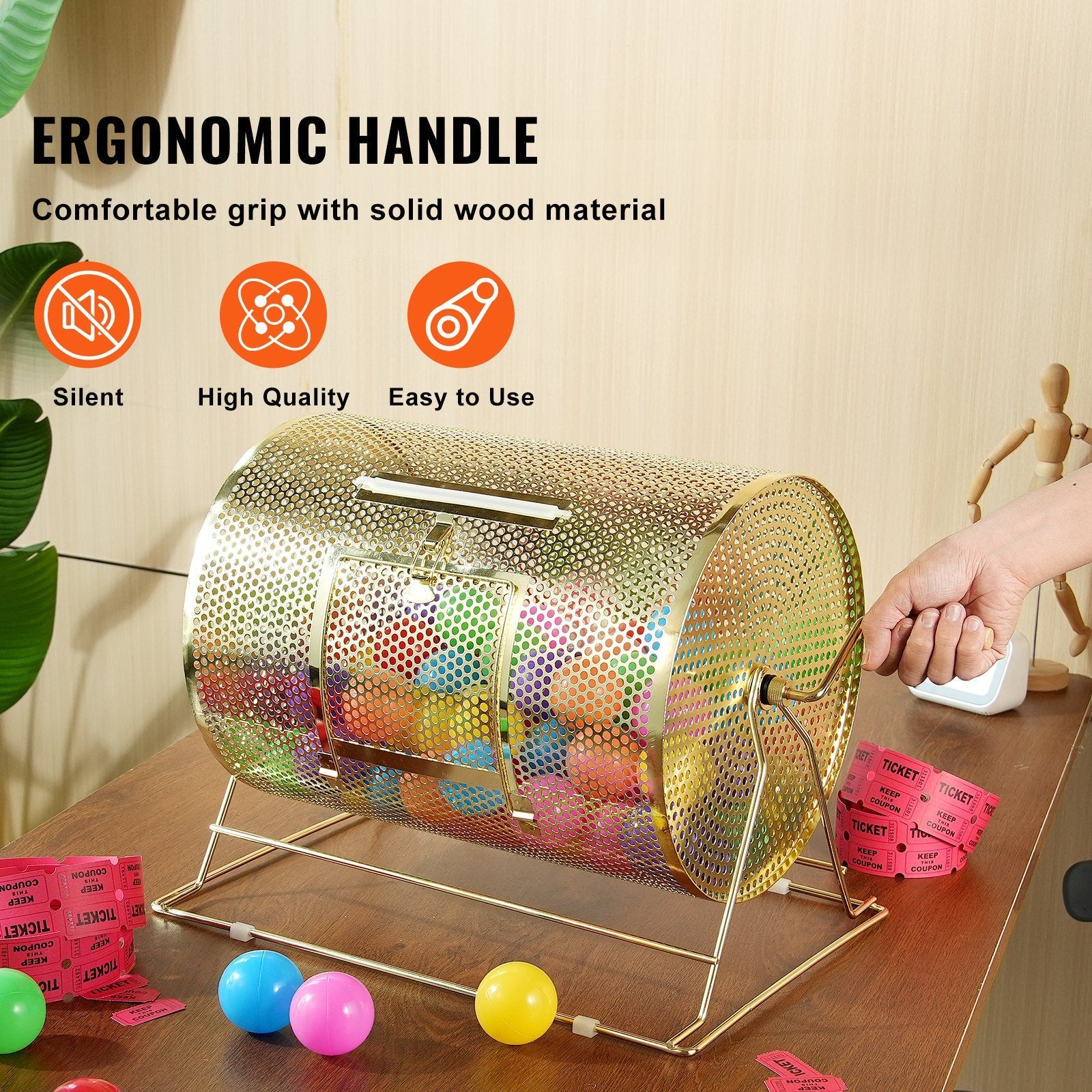 VEVOR Raffle Drum, 16.1 x Ø12 inch Brass Plated Raffle Ticket Spinning Cage, Holds 5000 Tickets or 200 Ping Pong Balls, Metal Lottery Spinning Drawing with Wooden Turning Handle, for Bingo Ballot Part 