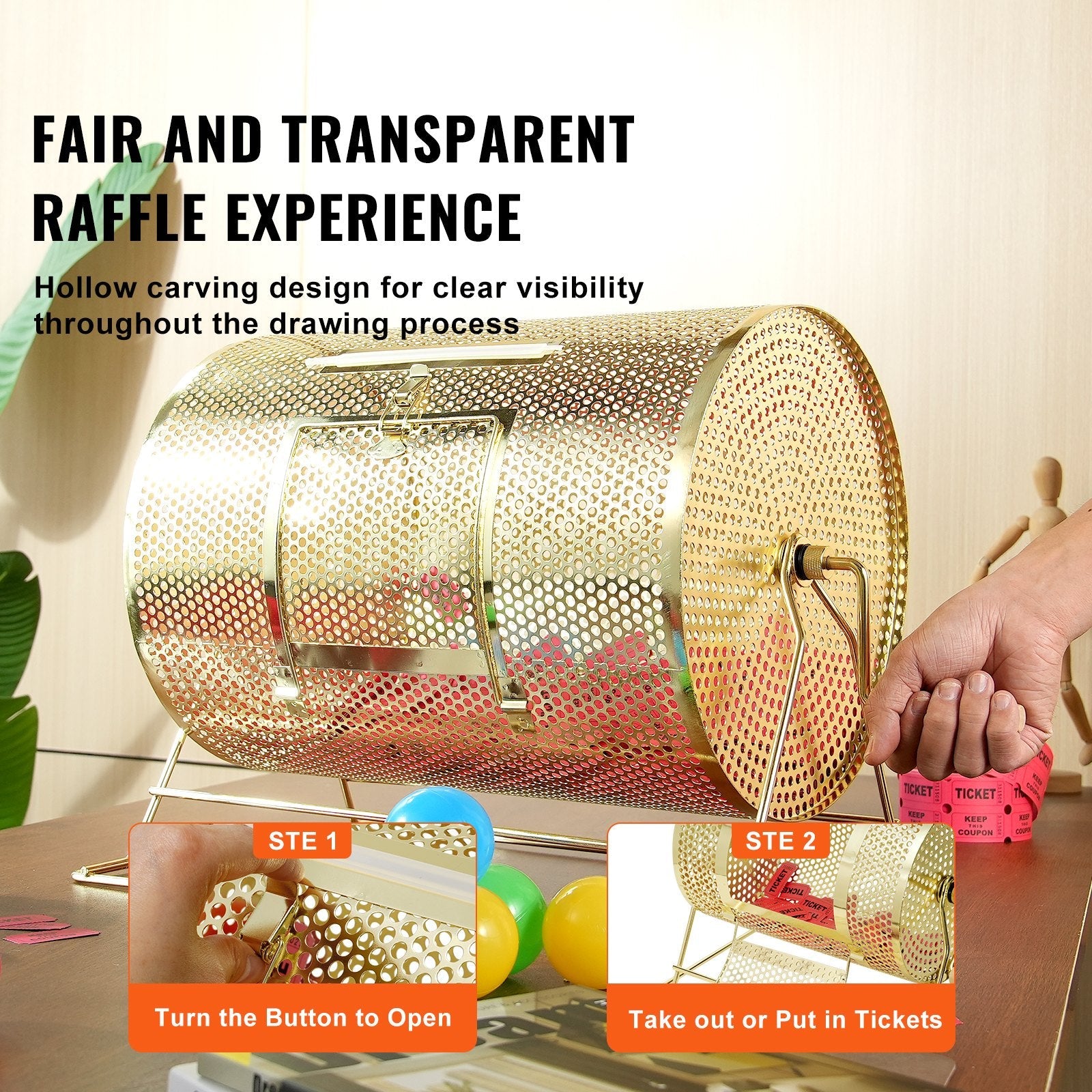 VEVOR Raffle Drum, 16.1 x Ø12 inch Brass Plated Raffle Ticket Spinning Cage, Holds 5000 Tickets or 200 Ping Pong Balls, Metal Lottery Spinning Drawing with Wooden Turning Handle, for Bingo Ballot Part 