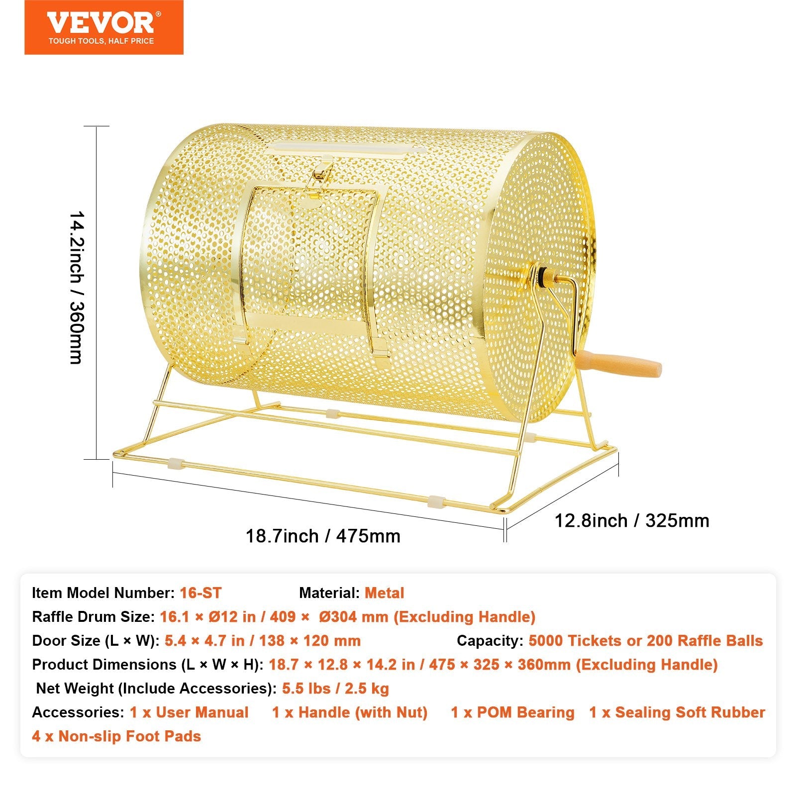 VEVOR Raffle Drum, 16.1 x Ø12 inch Brass Plated Raffle Ticket Spinning Cage, Holds 5000 Tickets or 200 Ping Pong Balls, Metal Lottery Spinning Drawing with Wooden Turning Handle, for Bingo Ballot Part 