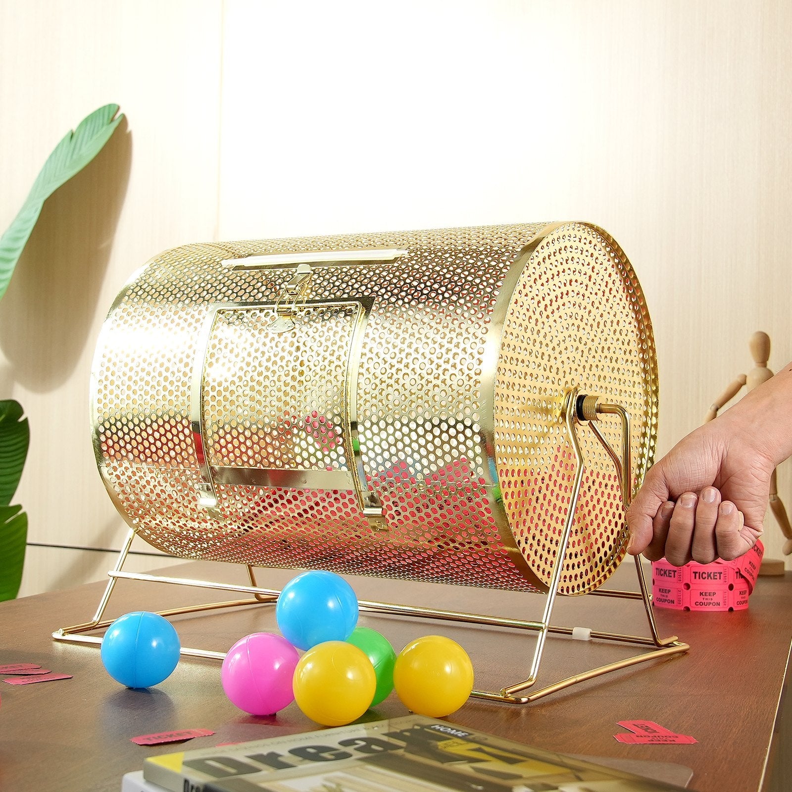 VEVOR Raffle Drum, 16.1 x Ø12 inch Brass Plated Raffle Ticket Spinning Cage, Holds 5000 Tickets or 200 Ping Pong Balls, Metal Lottery Spinning Drawing with Wooden Turning Handle, for Bingo Ballot Part 